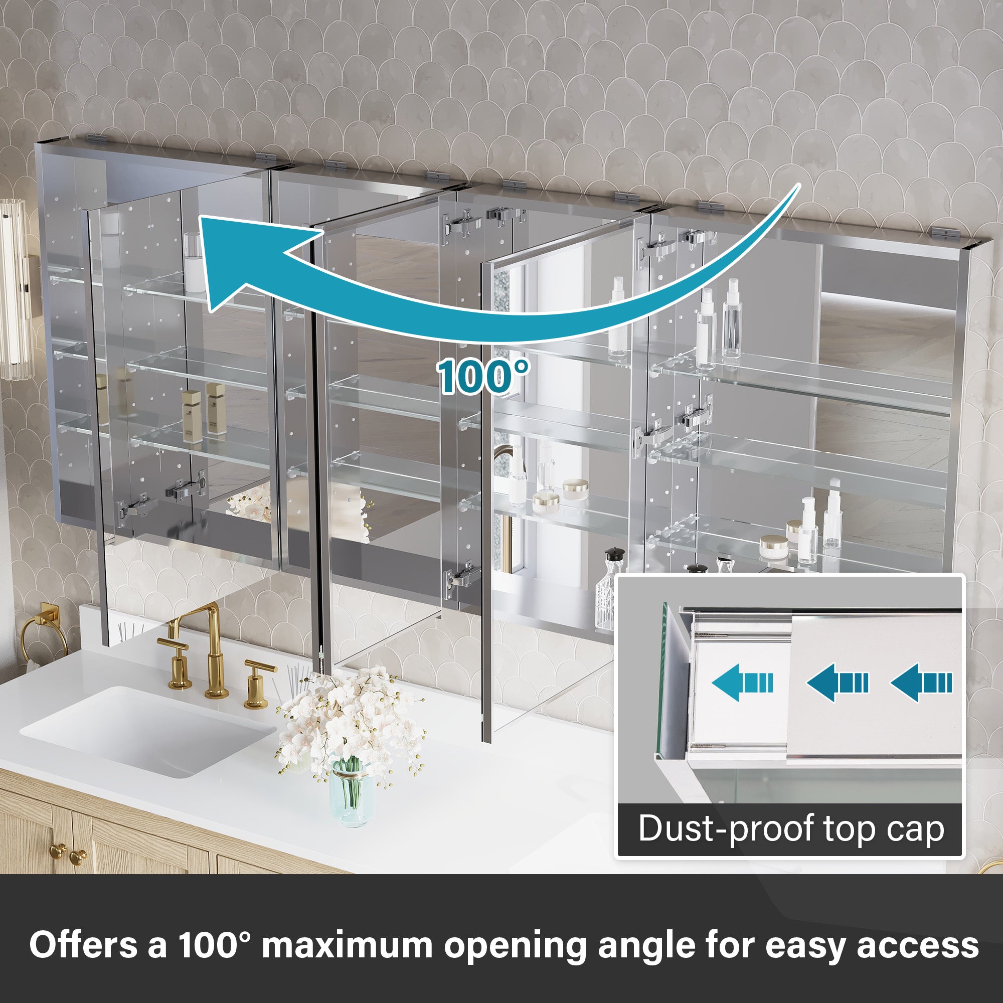 80 in.×32 in.H Copper-Free Mirror Medicine Cabinet with Soft-Close Blum® Hinges and 4 Doors