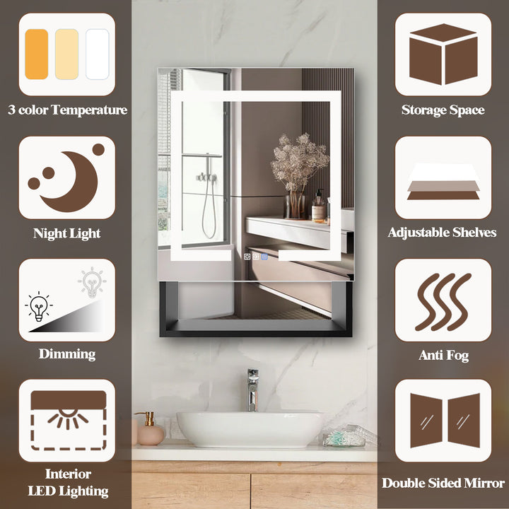 24" W x 32" H Lighted Black Bathroom Medicine Cabinet with Double Sided Mirror And Lights，Outlet Right Side