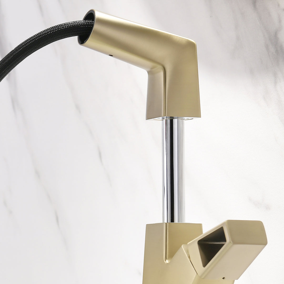 Bathroom Sink Faucet with Pull Out Sprayer Liftable Mixer Tap Brushed Gold