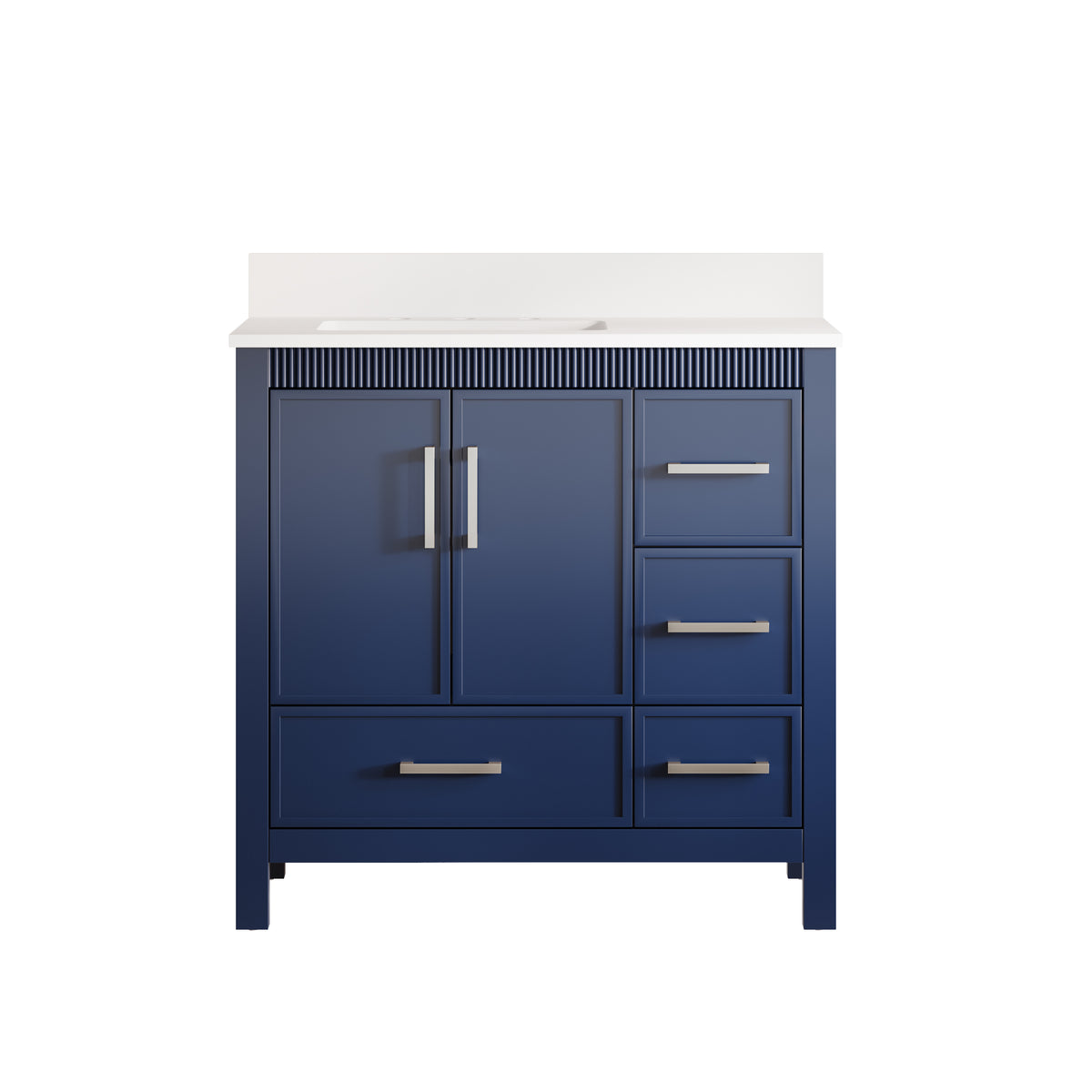 36 Inch Freestanding Solid Wood Bathroom Vanity with Fluted Molding, Pure White Quartz Countertop, Navy Blue