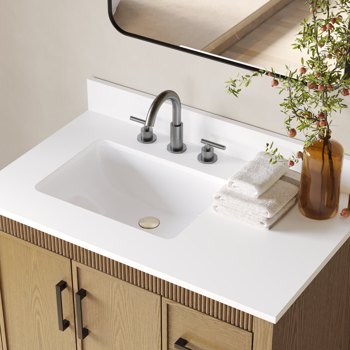 36 Inch Freestanding Solid Wood Bathroom Vanity with Fluted Molding, Pure White Quartz Countertop, Walnut