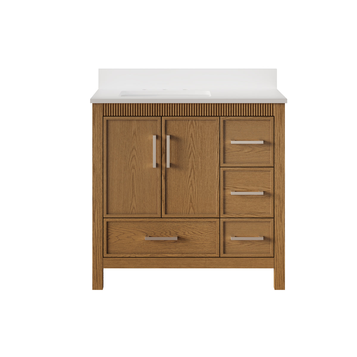36 Inch Freestanding Solid Wood Bathroom Vanity with Fluted Molding, Pure White Quartz Countertop, Walnut