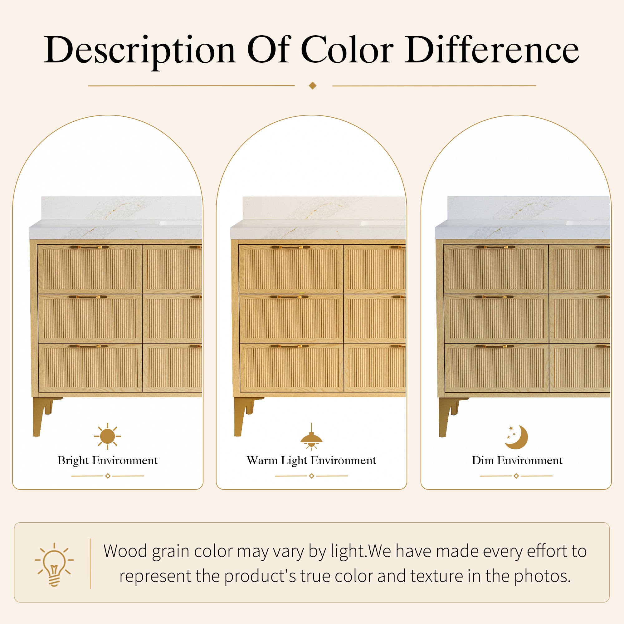 60 Inch Modern Solid Oak Bathroom Vanity with Calacatta Quartz Countertop, 9 Fluted Drawers & Brushed Gold Legs