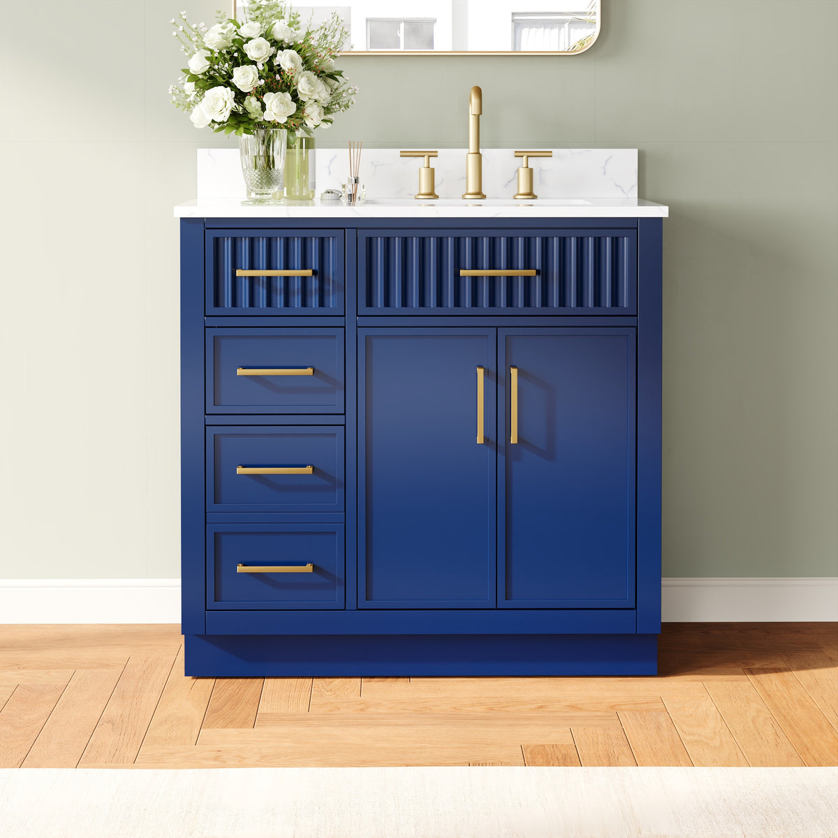 36 Inch Freestanding Solid Wood & Plywood Bathroom Vanity with Soft-Close Drawers, Carrara White Quartz Countertop, Navy Blue