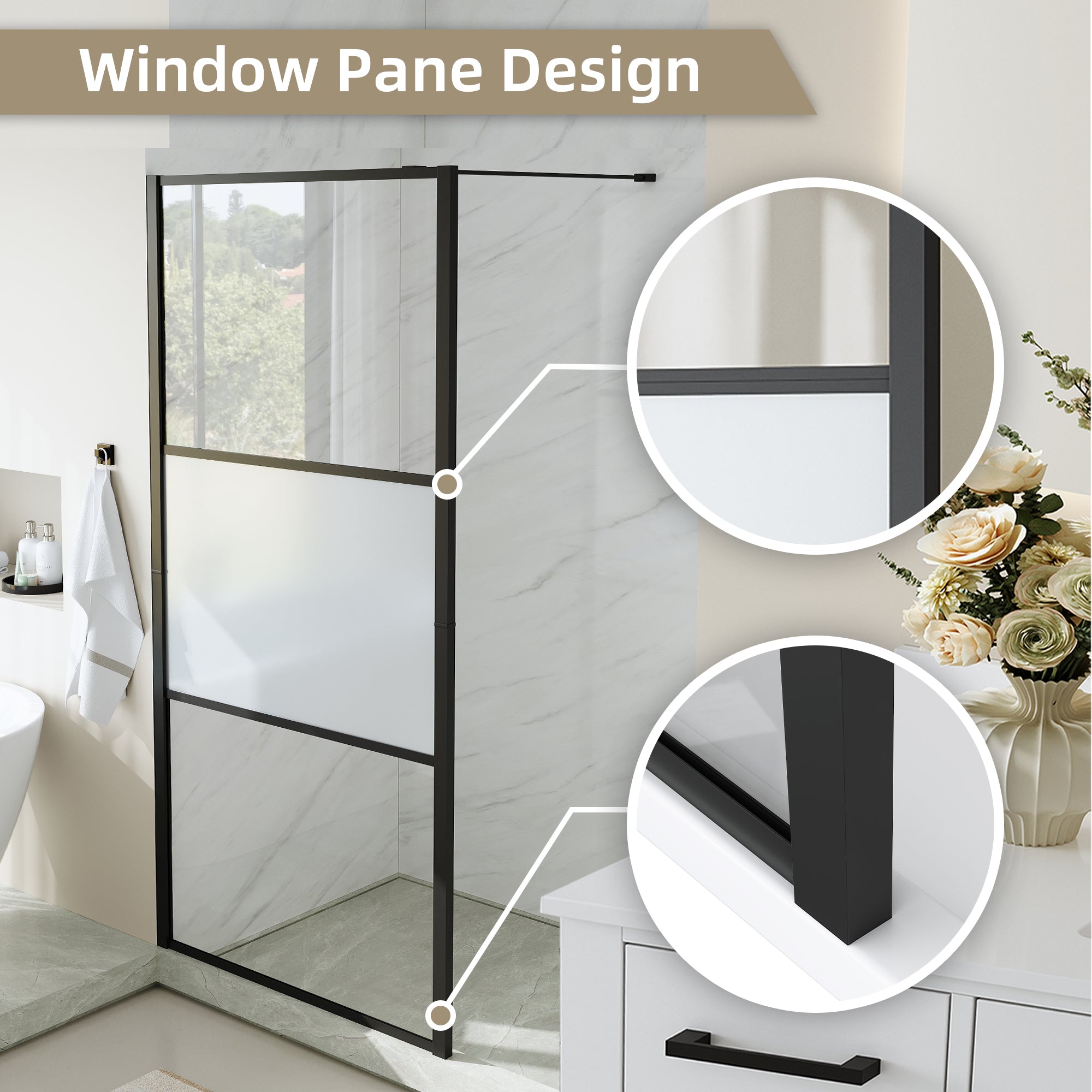 33 5/8-34” x 72” Frosted Tempered Glass Shower Door Panel, Fixed Walk-In Shower Screen with Matte Black Frame