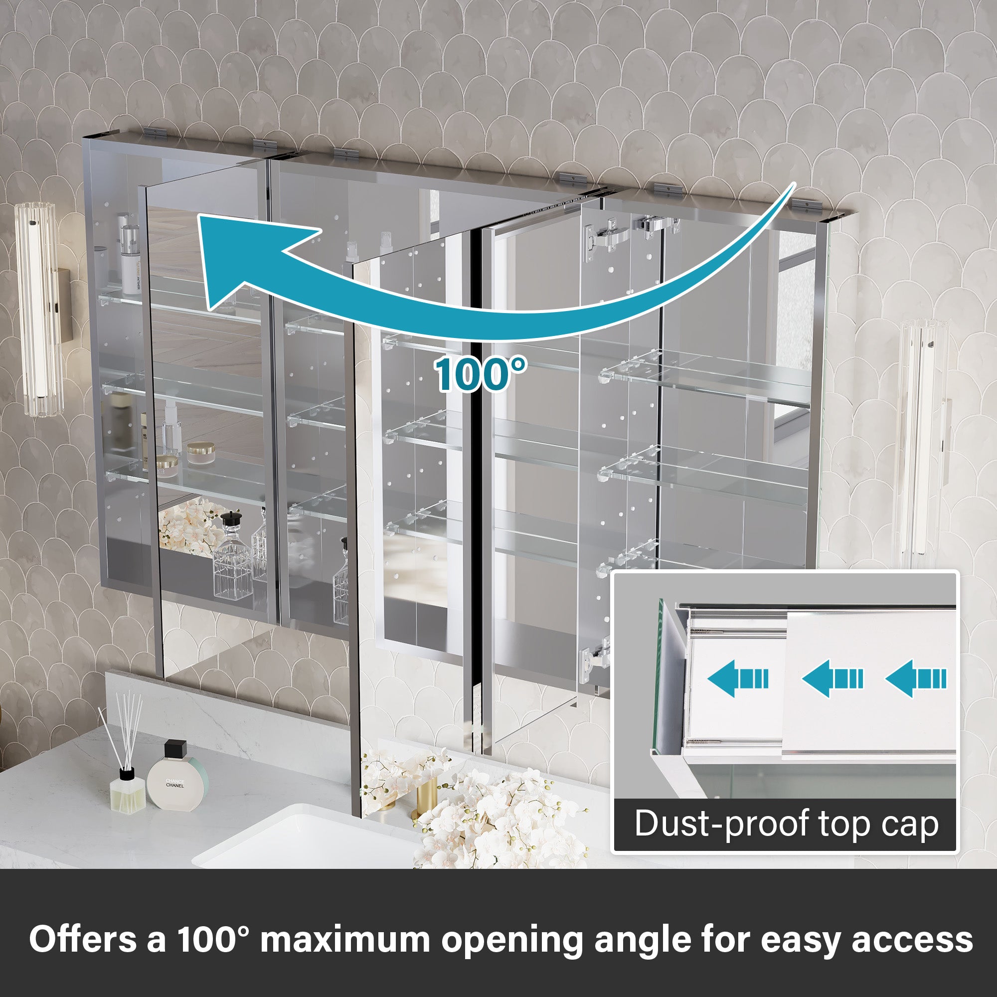 56 in.×32 in.H Aluminum Copper-Free Mirror Medicine Cabinet with Soft-Close Blum® Hinges and Recessed/Surface Mount