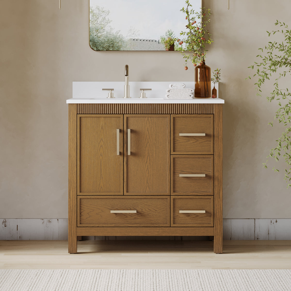 36 Inch Freestanding Solid Wood Bathroom Vanity with Fluted Molding, Pure White Quartz Countertop, Walnut