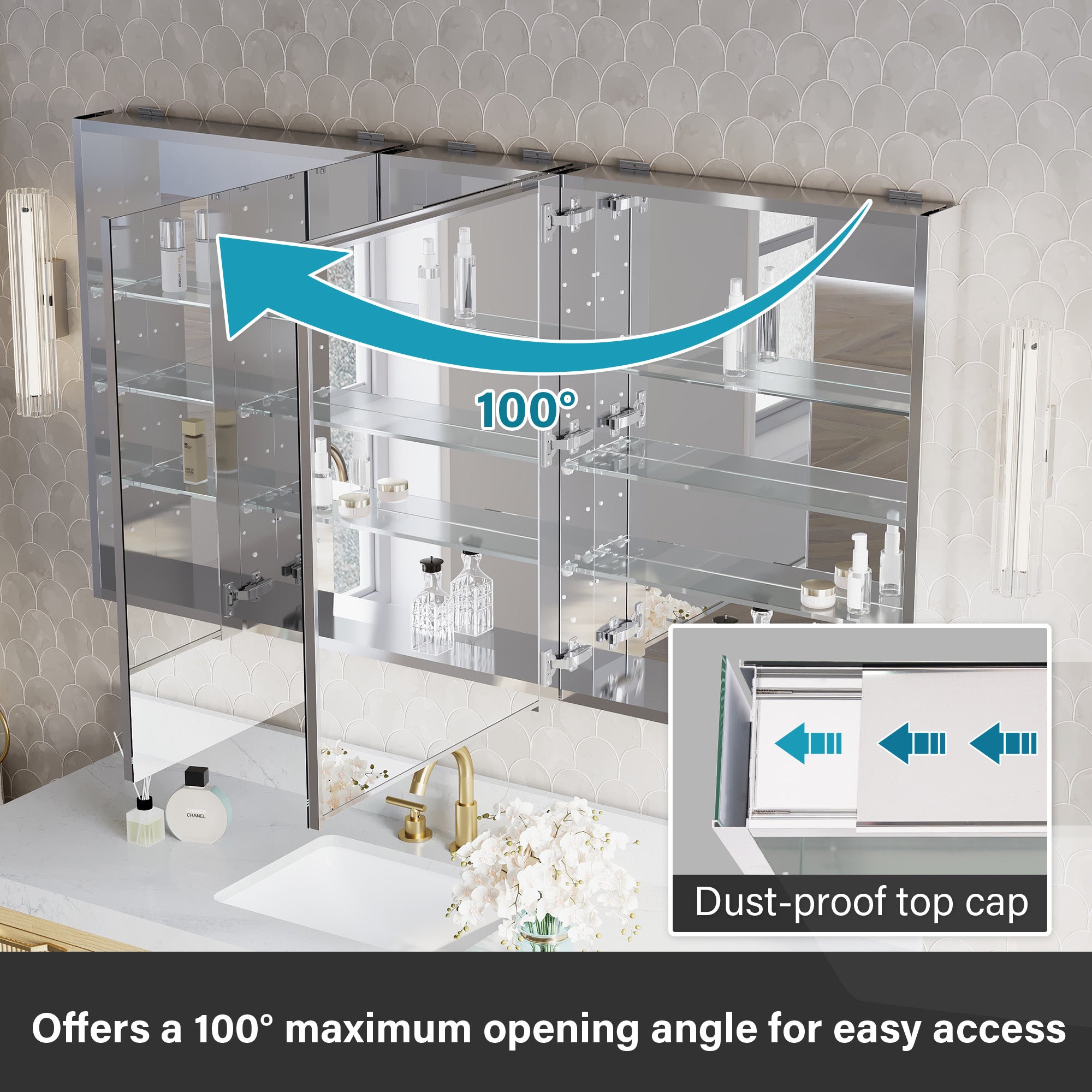 60 in.×32 in.H Copper-Free Mirror Medicine Cabinet with Soft-Close Blum® Hinges and 3 Doors