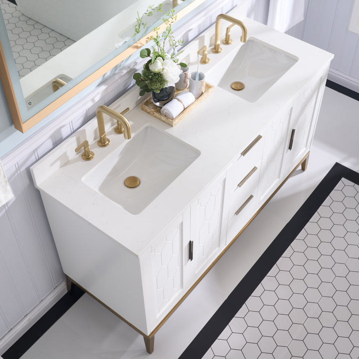 60 in. Bathroom Vanity in White with Carrara White Quartz Vanity Top with White Sink