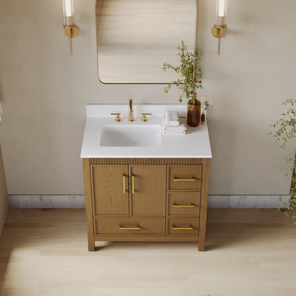 36 Inch Freestanding Solid Wood Bathroom Vanity with Fluted Molding, Pure White Quartz Countertop, Walnut