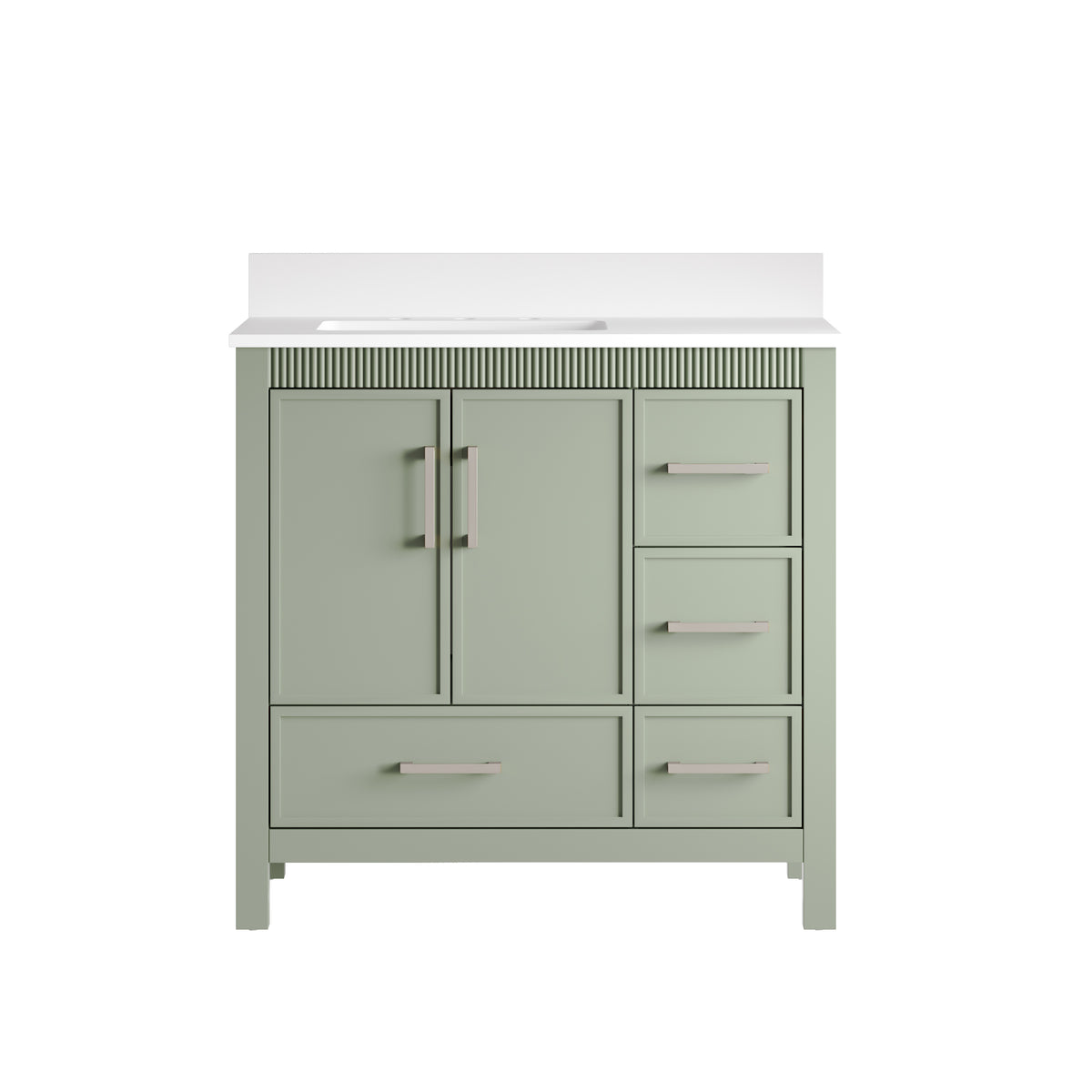 36 Inch Freestanding Solid Wood Bathroom Vanity with Fluted Molding, Pure White Quartz Countertop, SAGE GREEN