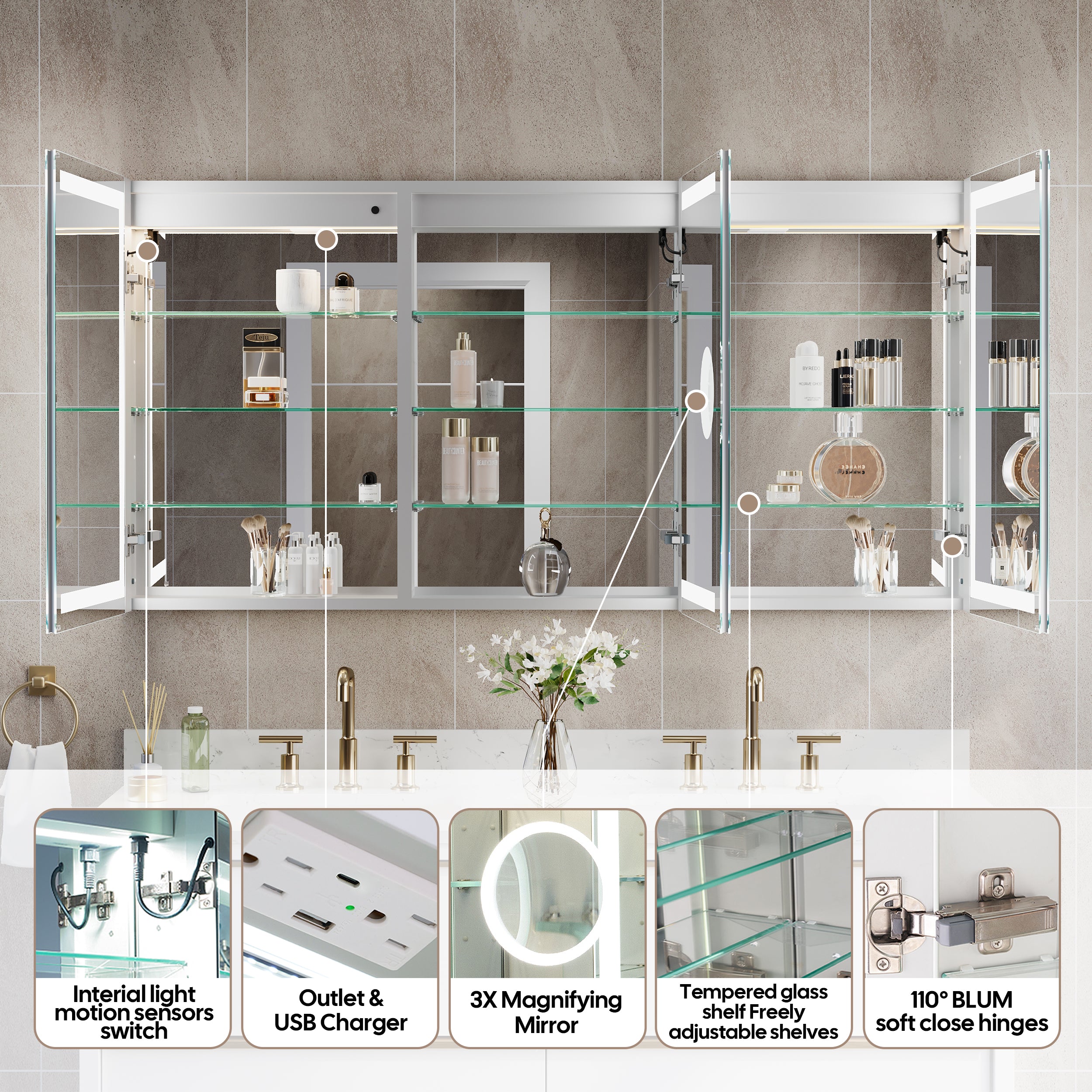 48 in. x 30 in. LED Lighted Surface/Recessed Mount Aluminum Mirror Medicine Cabinet Anti-Fog Dimmable with Outlet