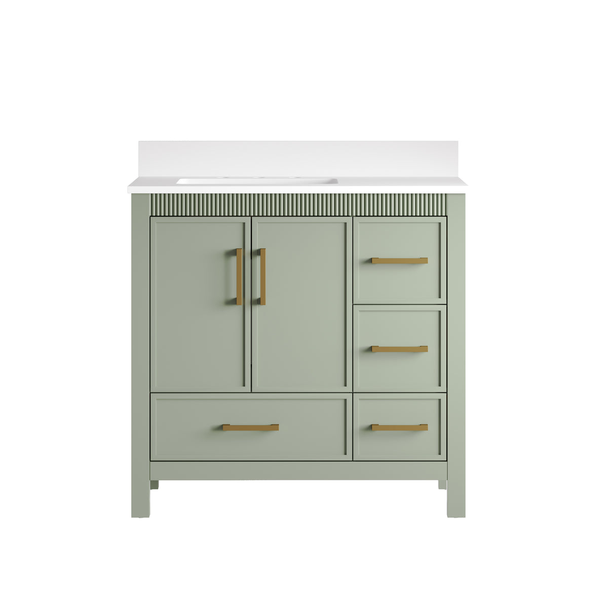 36 Inch Freestanding Solid Wood Bathroom Vanity with Fluted Molding, Pure White Quartz Countertop, SAGE GREEN