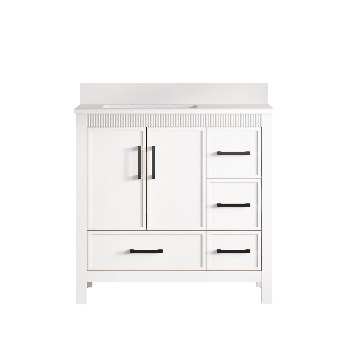 36 Inch Freestanding Solid Wood Bathroom Vanity with Fluted Molding, Pure White Quartz Countertop, White