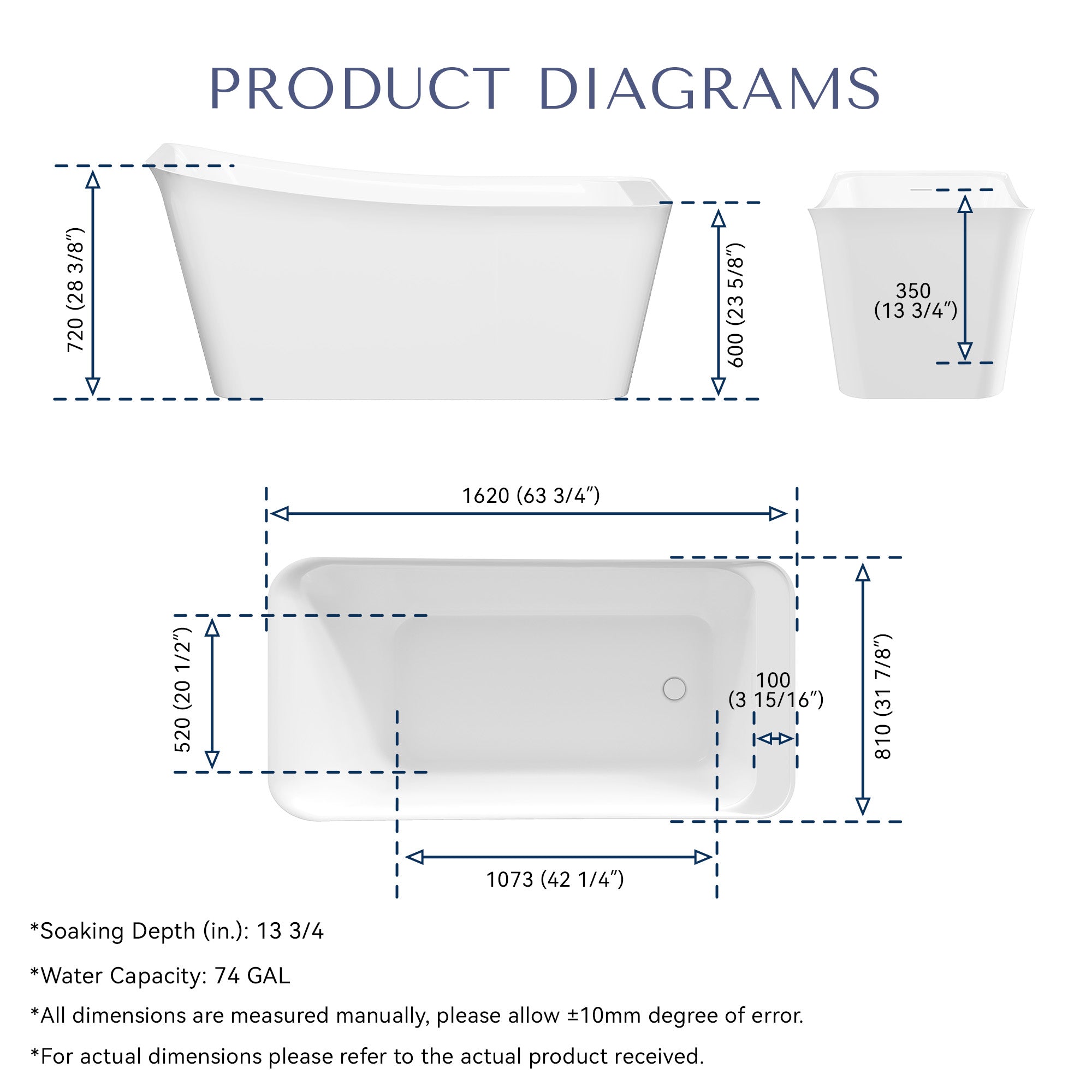64" Freestanding Acrylic Soaking Bathtub with Ergonomic Design, Integrated Slotted Overflow & Pop-Up Drain