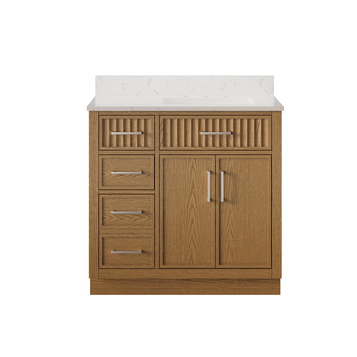 36 Inch Freestanding Solid Wood & Plywood Bathroom Vanity with Soft-Close Drawers, Carrara White Quartz Countertop, Walnut