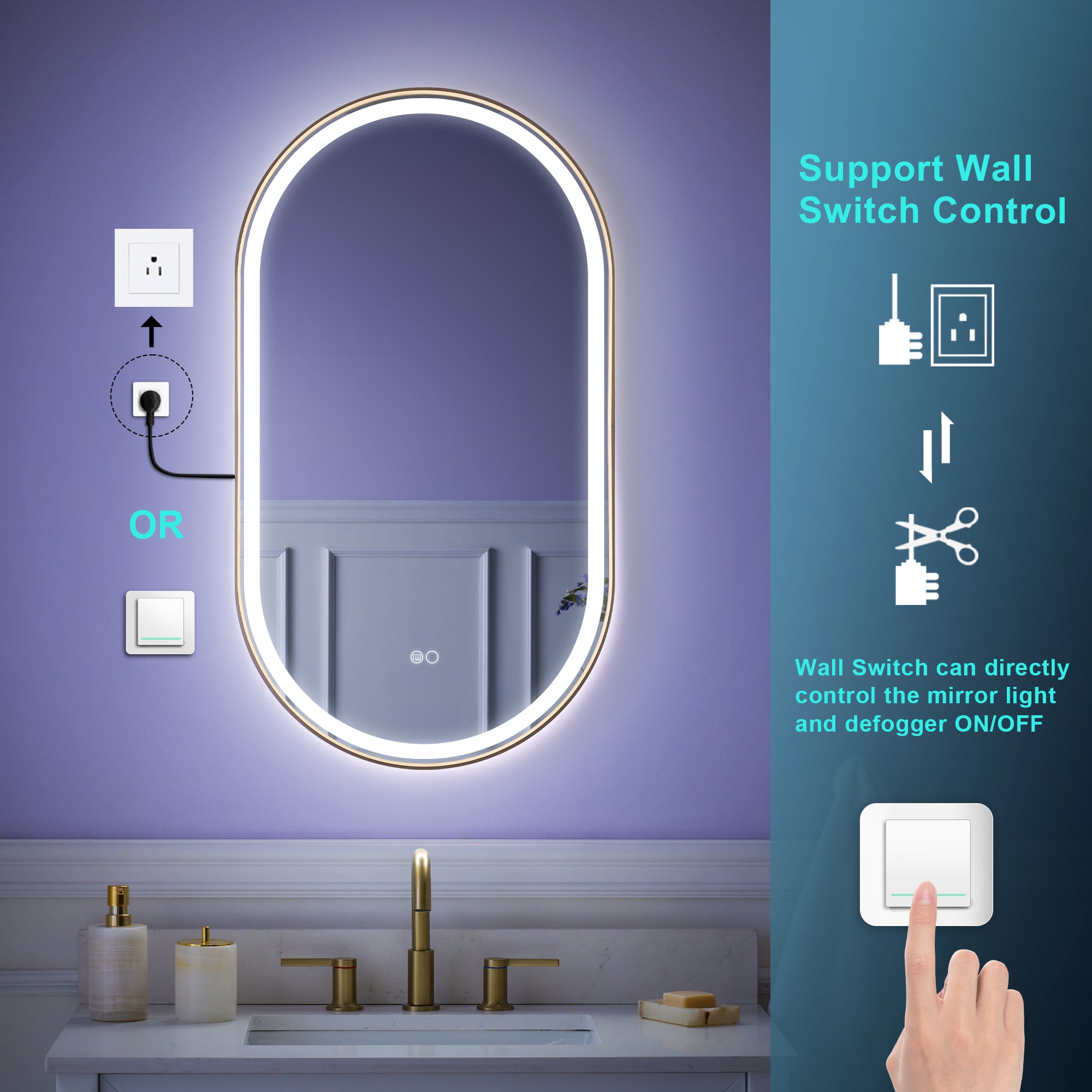 20 in. W x 36 in. H Oval LED Framed Mirror, Anti-Fog, Dimmable in Brushed Gold