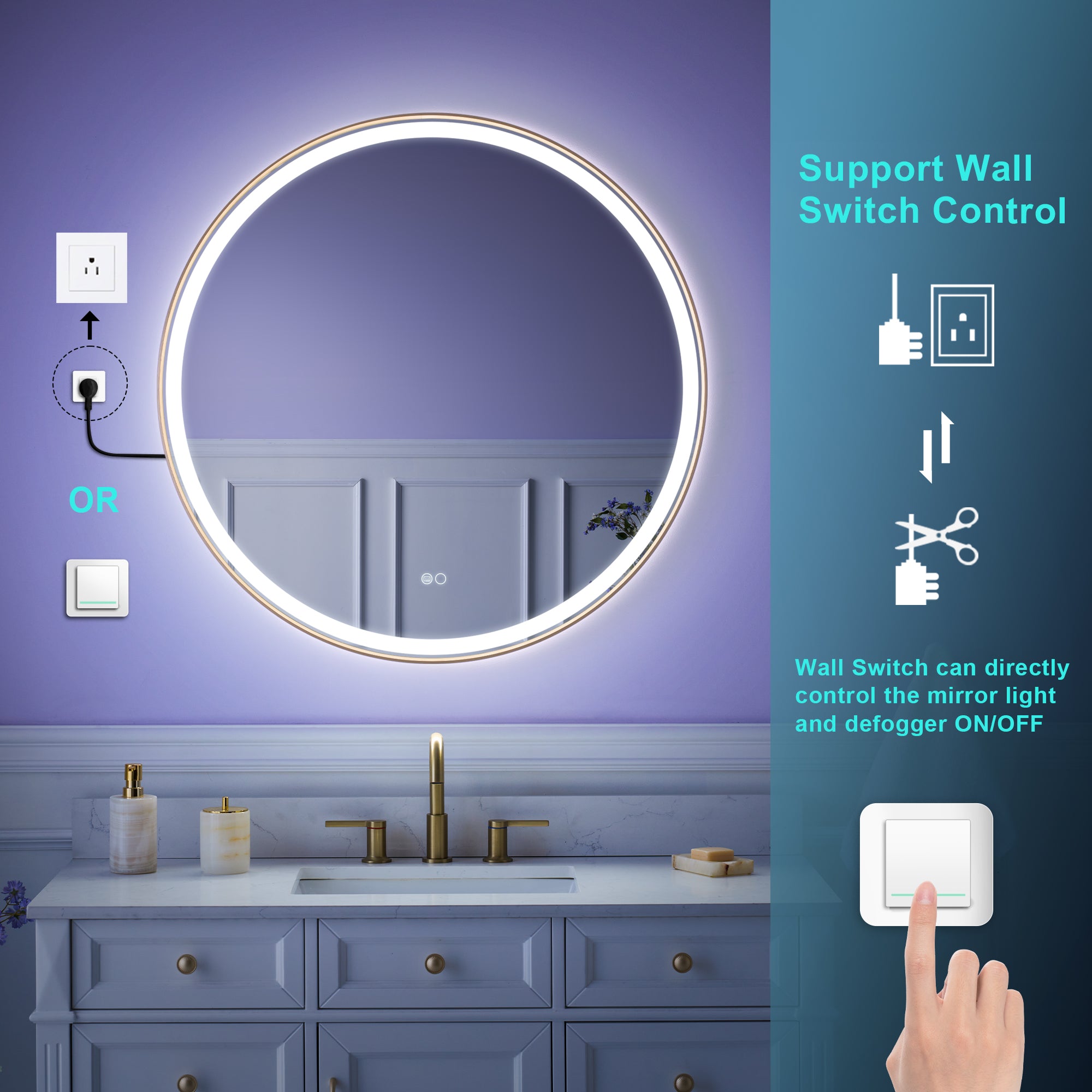 36 in.  W x 36 in.  H Brushed Gold Framed Round LED Light Bathroom Vanity Mirror
