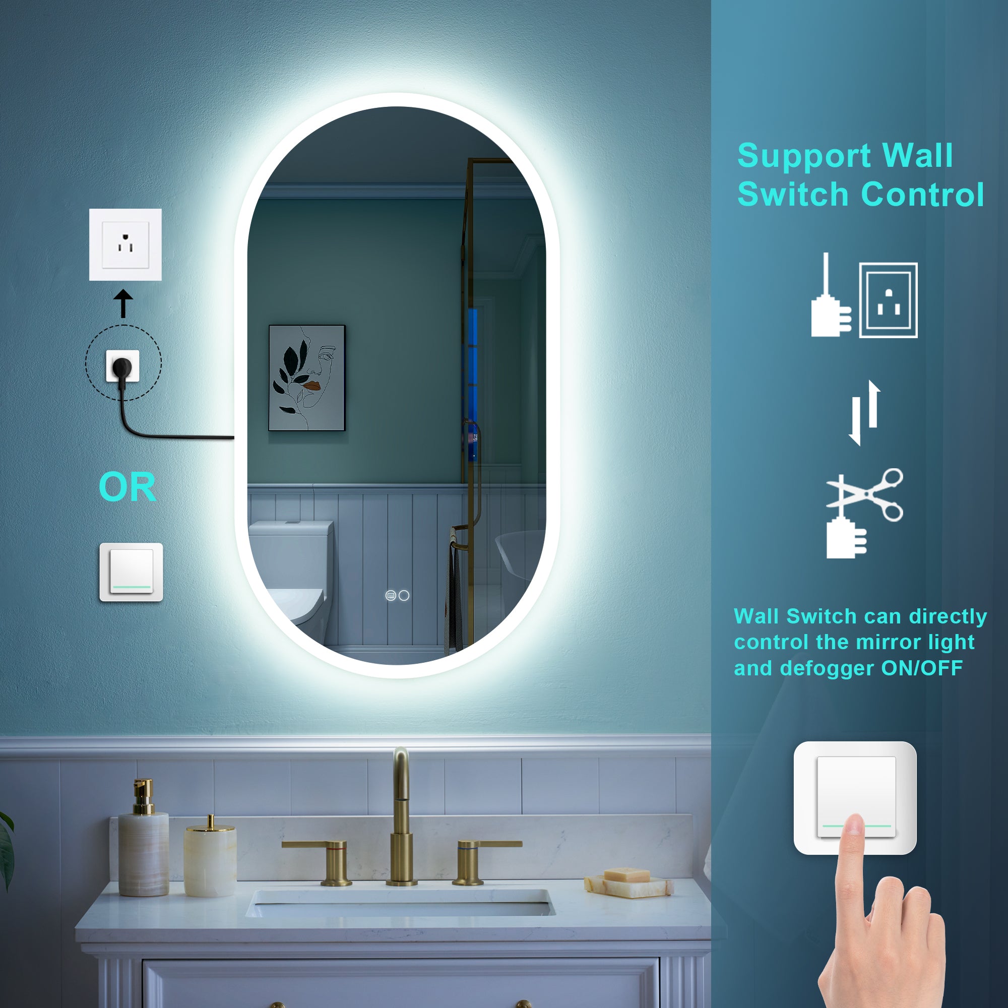 20 in. W x 36 in. H Acrylic Oval LED Frameless Mirror, Anti-Fog, Dimmable