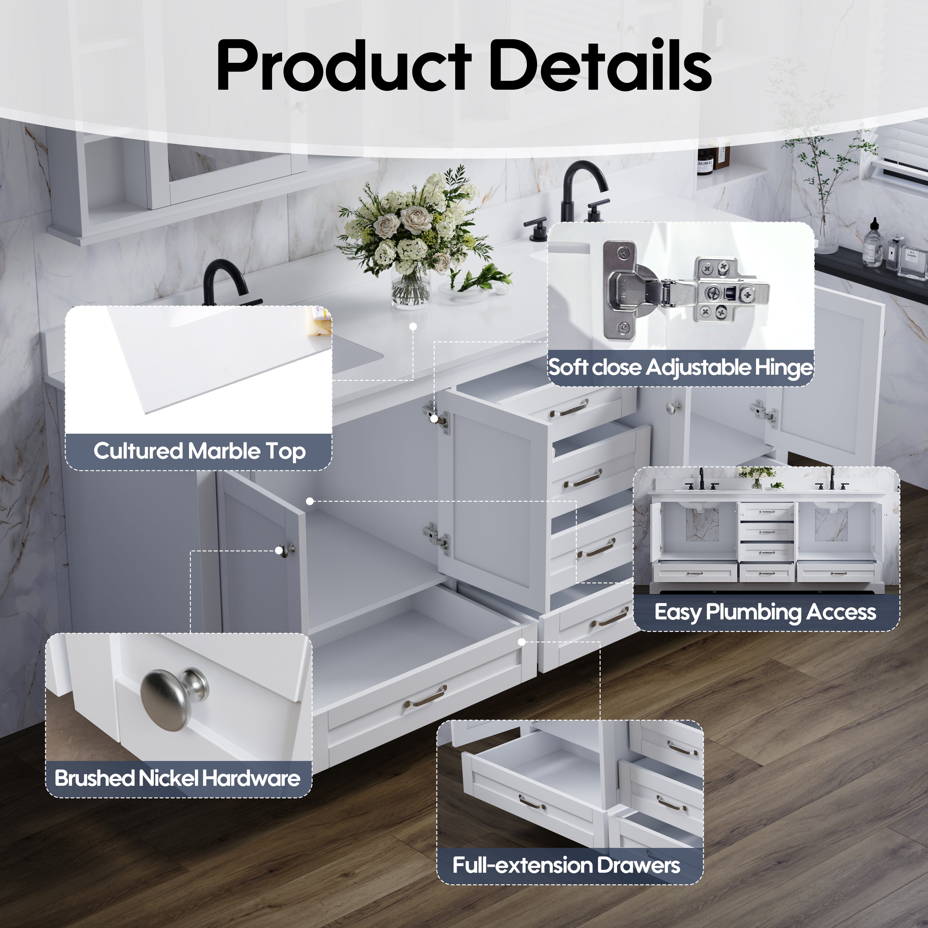 80" White Double Sink Bathroom Vanity with Solid Wood Frame, Soft Close 6 Drawers, White Cultured Marble Countertop