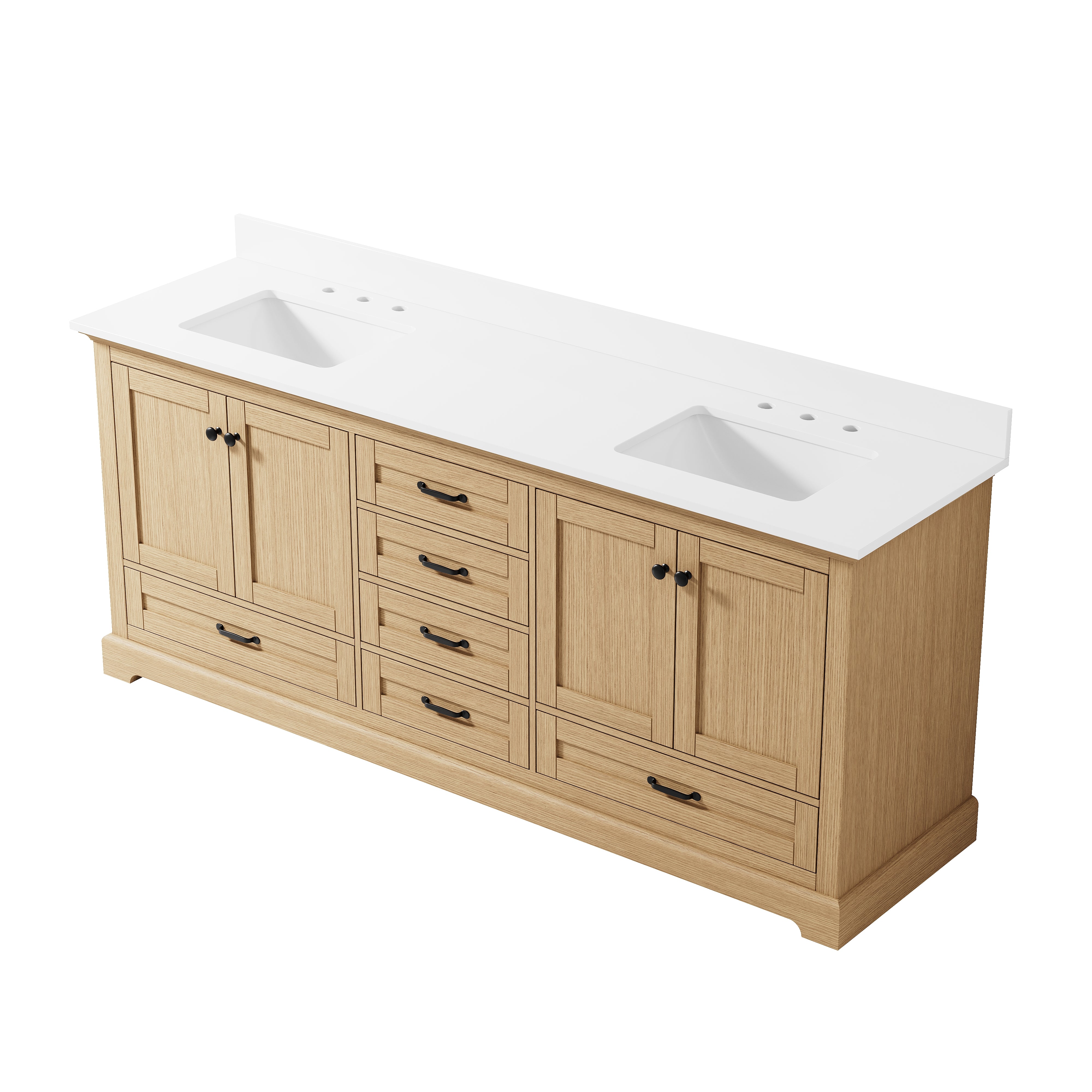 80" Double Sinks OAK Bathroom Vanity with Solid Wood Frame, Soft Close 6 Drawers, Pure White Cultured Marble Countertop
