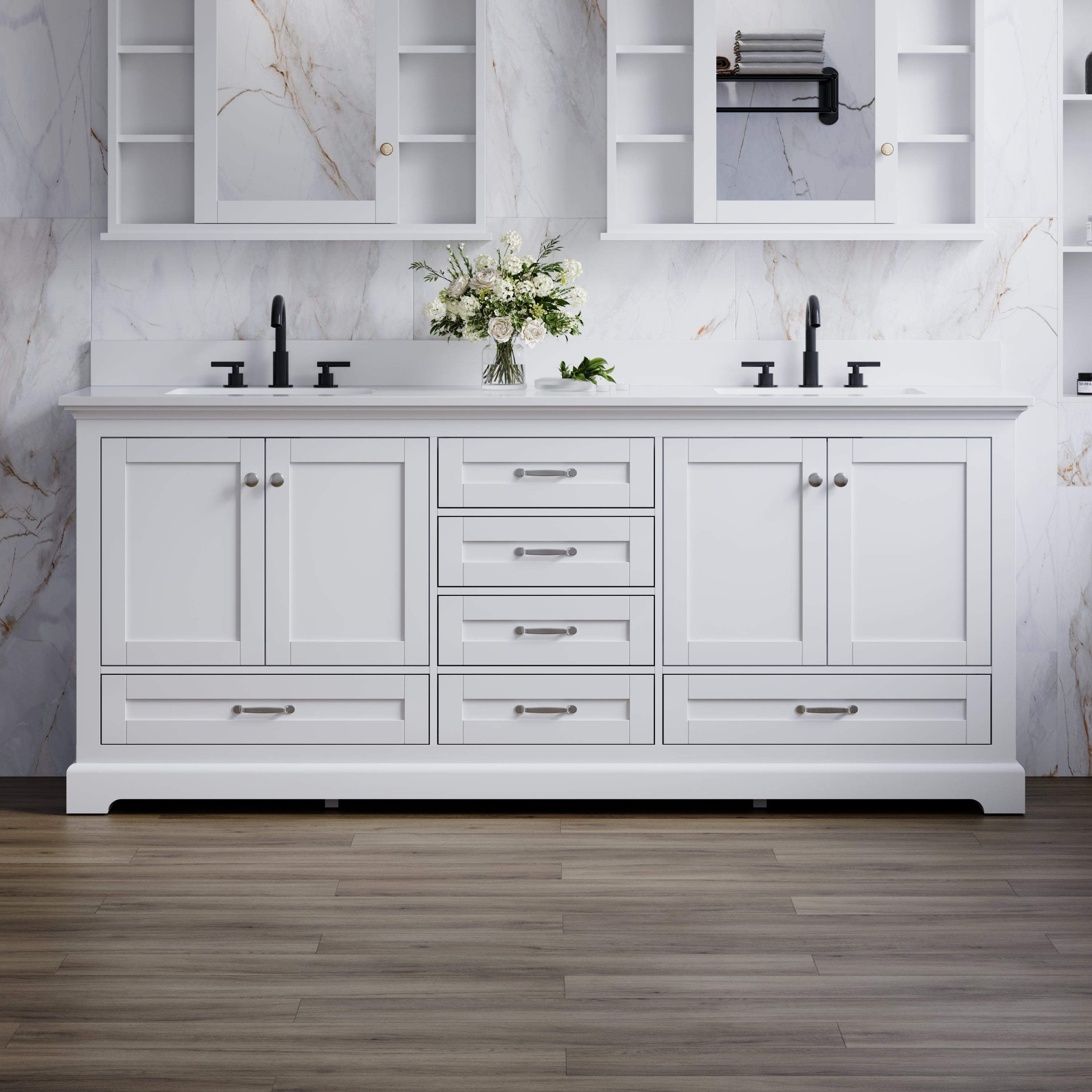 80" White Double Sink Bathroom Vanity with Solid Wood Frame, Soft Close 6 Drawers, White Cultured Marble Countertop