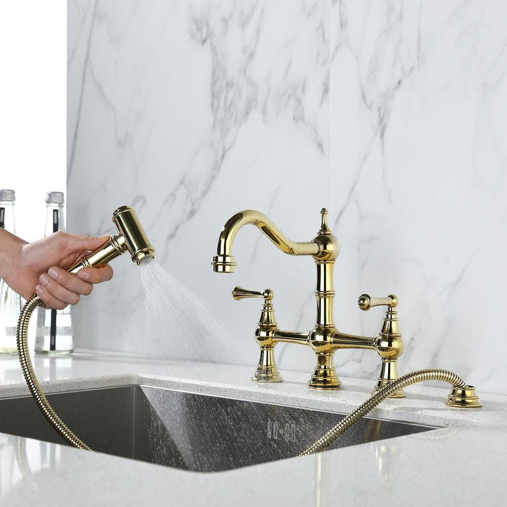 2 Handles 4 Holes Antique Classic Heritage Deck-Mount Kitchen Sink Faucet