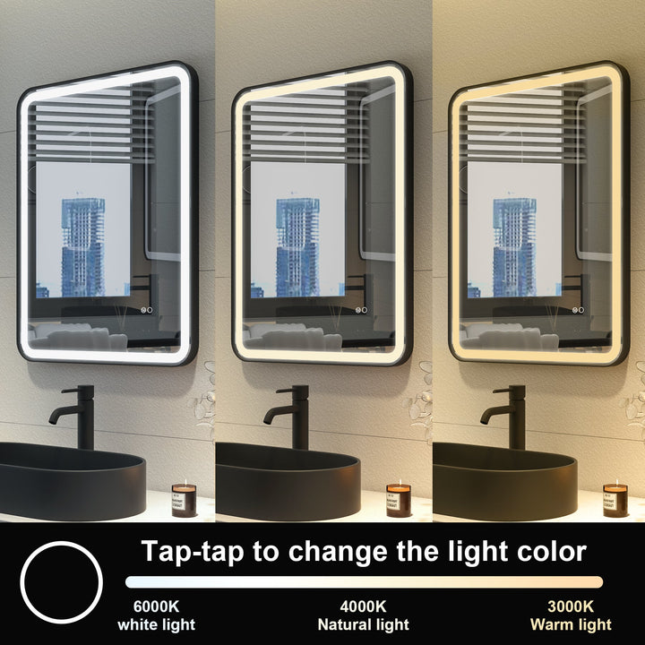 24 in. W x 32 in. H Framed Round Shaped Corners LED Light Bathroom Vanity Mirror in Black