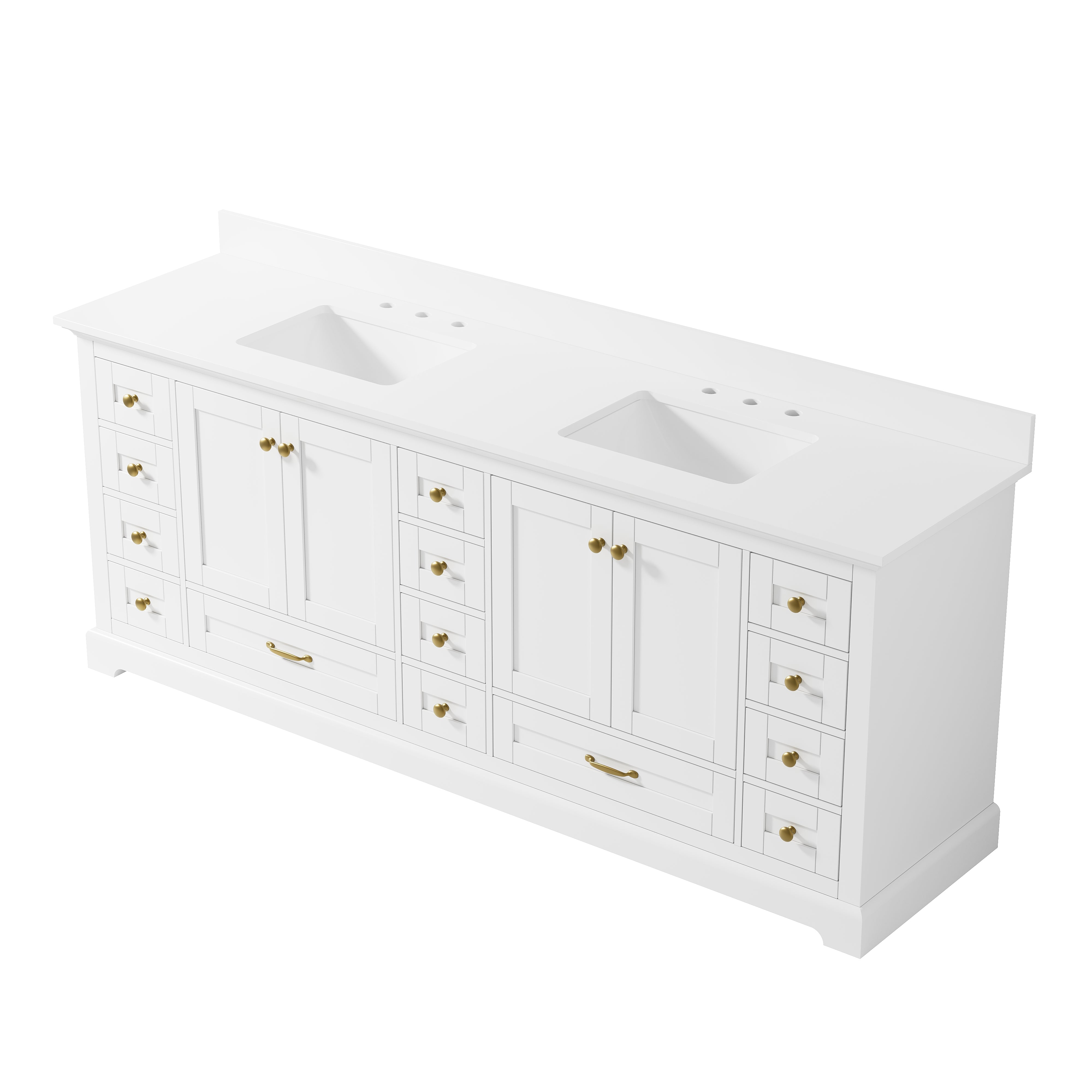 84" Double Sinks White Bathroom Vanity with Solid Wood Frame, Soft Close 14 Drawers & Pure White Cultured Marble Countertop