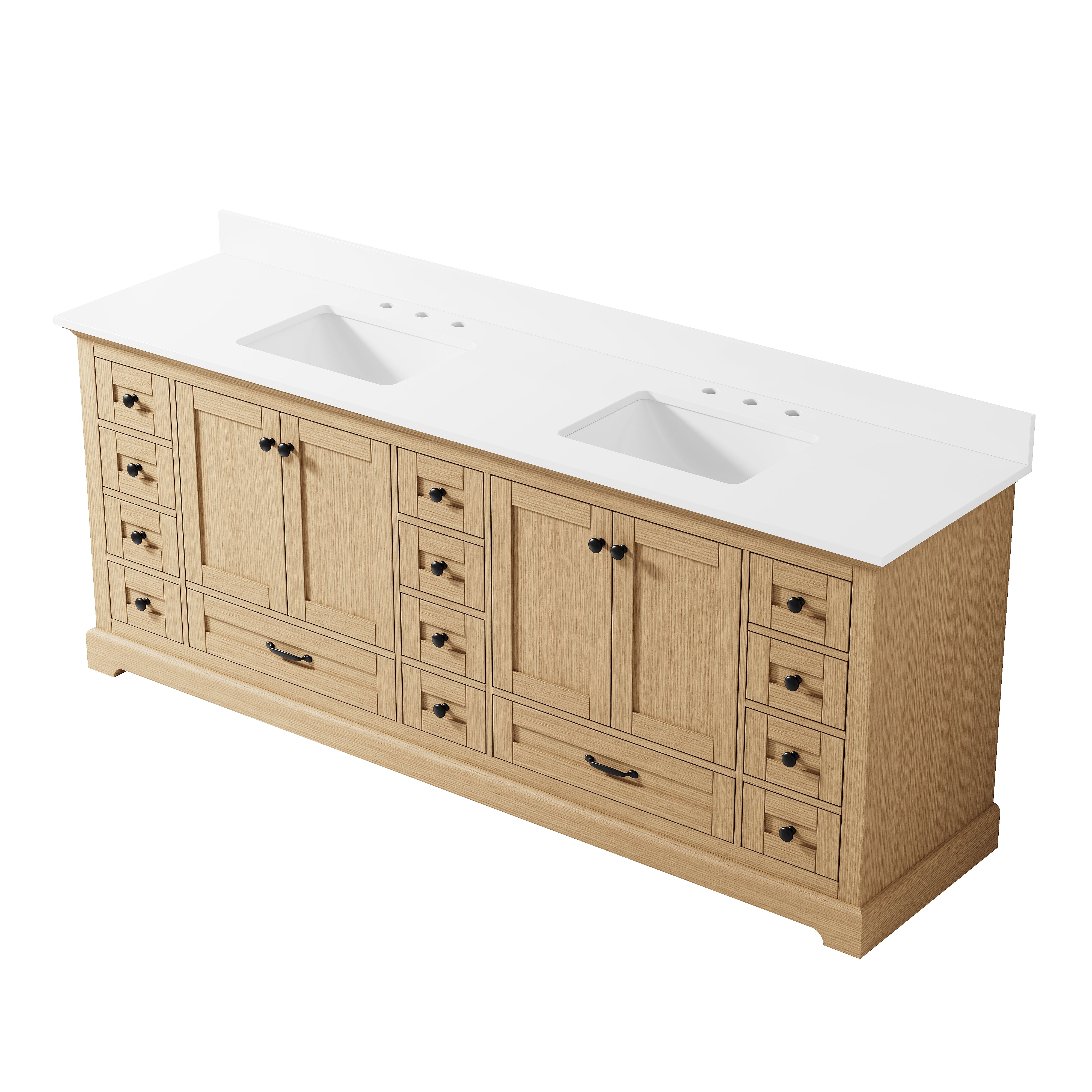 84" Double Sinks OAK Bathroom Vanity with Solid Wood Frame, Soft Close 14 Drawers & Pure White Cultured Marble Countertop