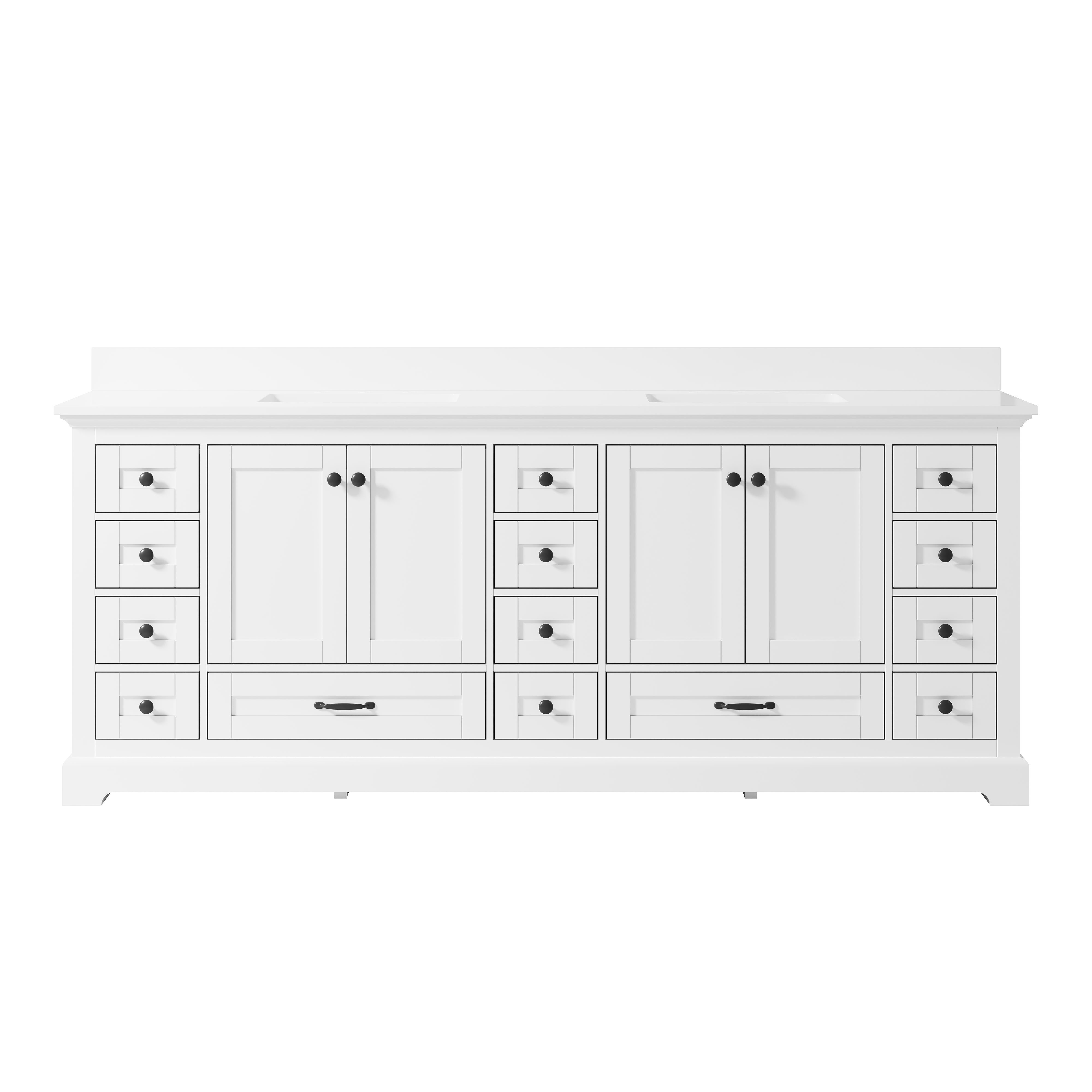 84" Double Sinks White Bathroom Vanity with Solid Wood Frame, Soft Close 14 Drawers & Pure White Cultured Marble Countertop