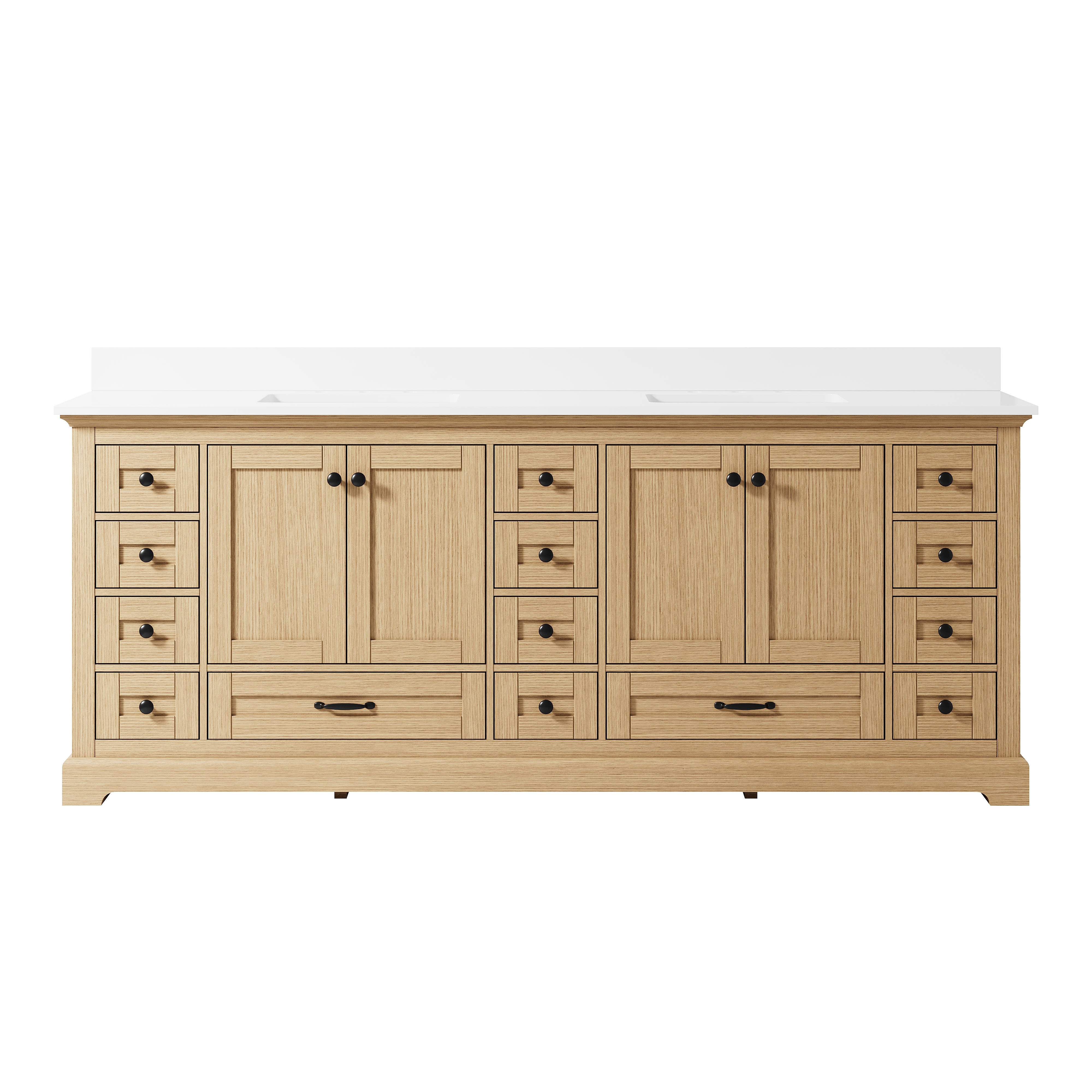 84" Double Sinks OAK Bathroom Vanity with Solid Wood Frame, Soft Close 14 Drawers & Pure White Cultured Marble Countertop