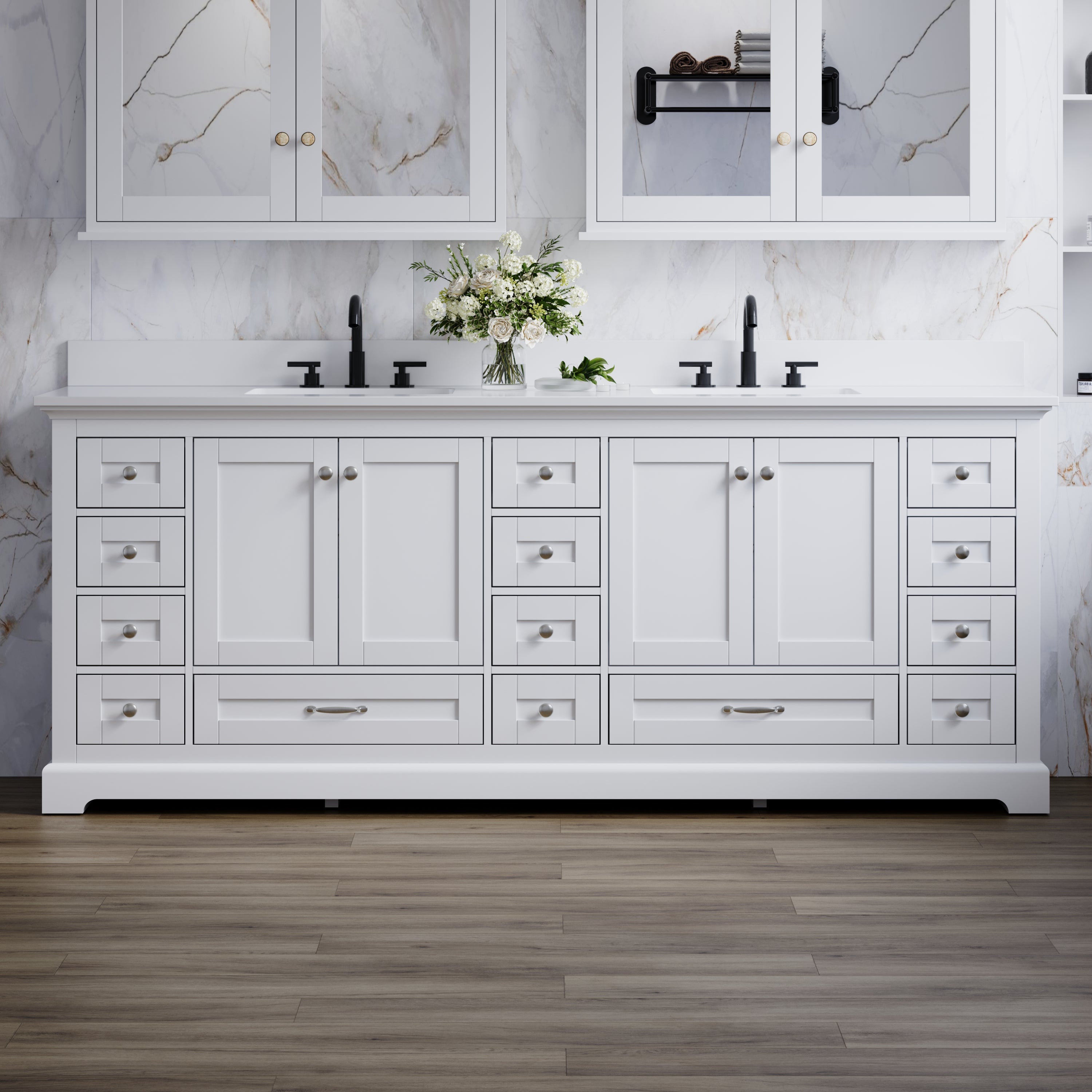 84" White Double Sink Bathroom Vanity with Solid Wood Frame, Soft Close 14 Drawers & White Cultured Marble Countertop