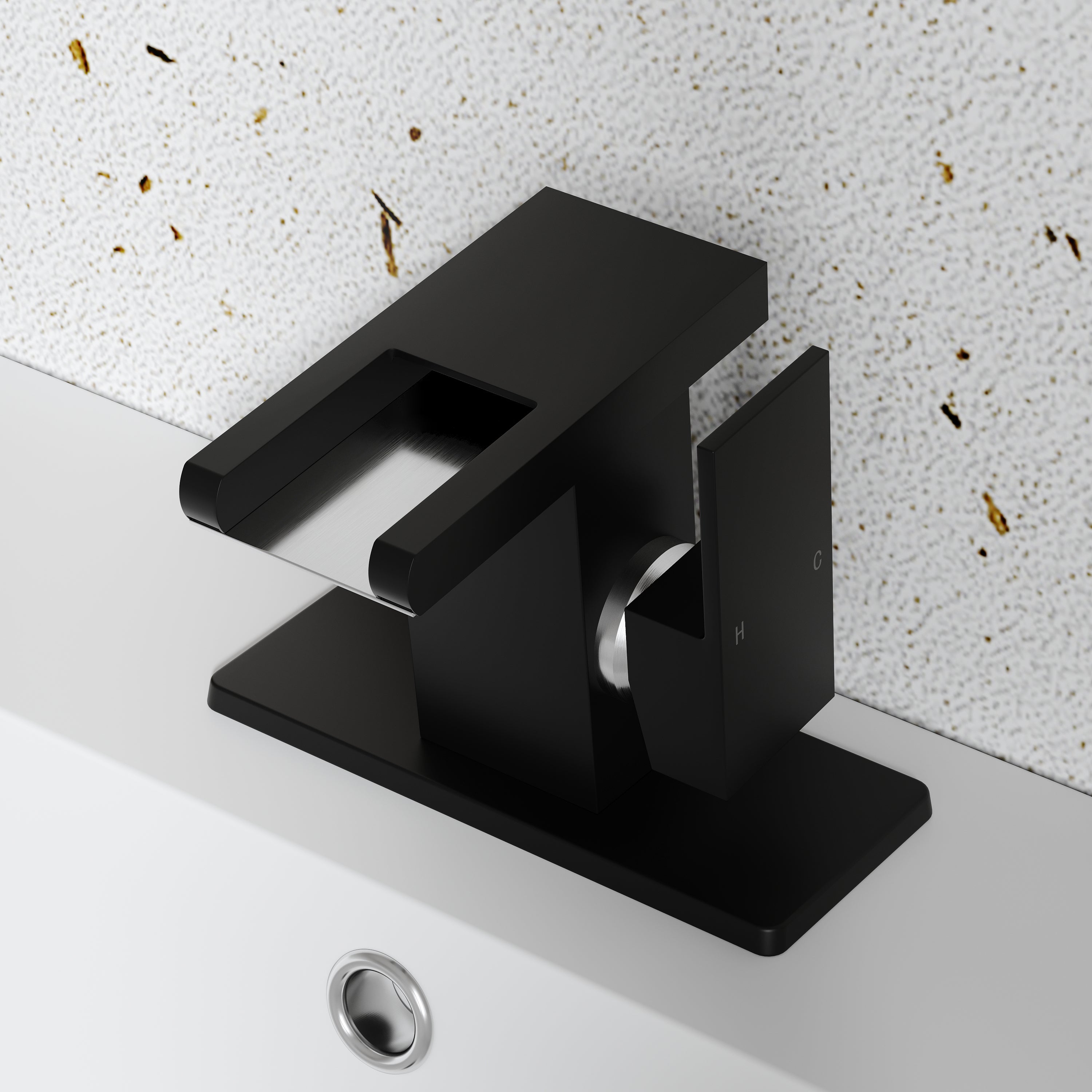 Single Handle LED Waterfall Bathroom Sink Faucet with Deck Plate, Temperature-Sensitive 3-Color Light