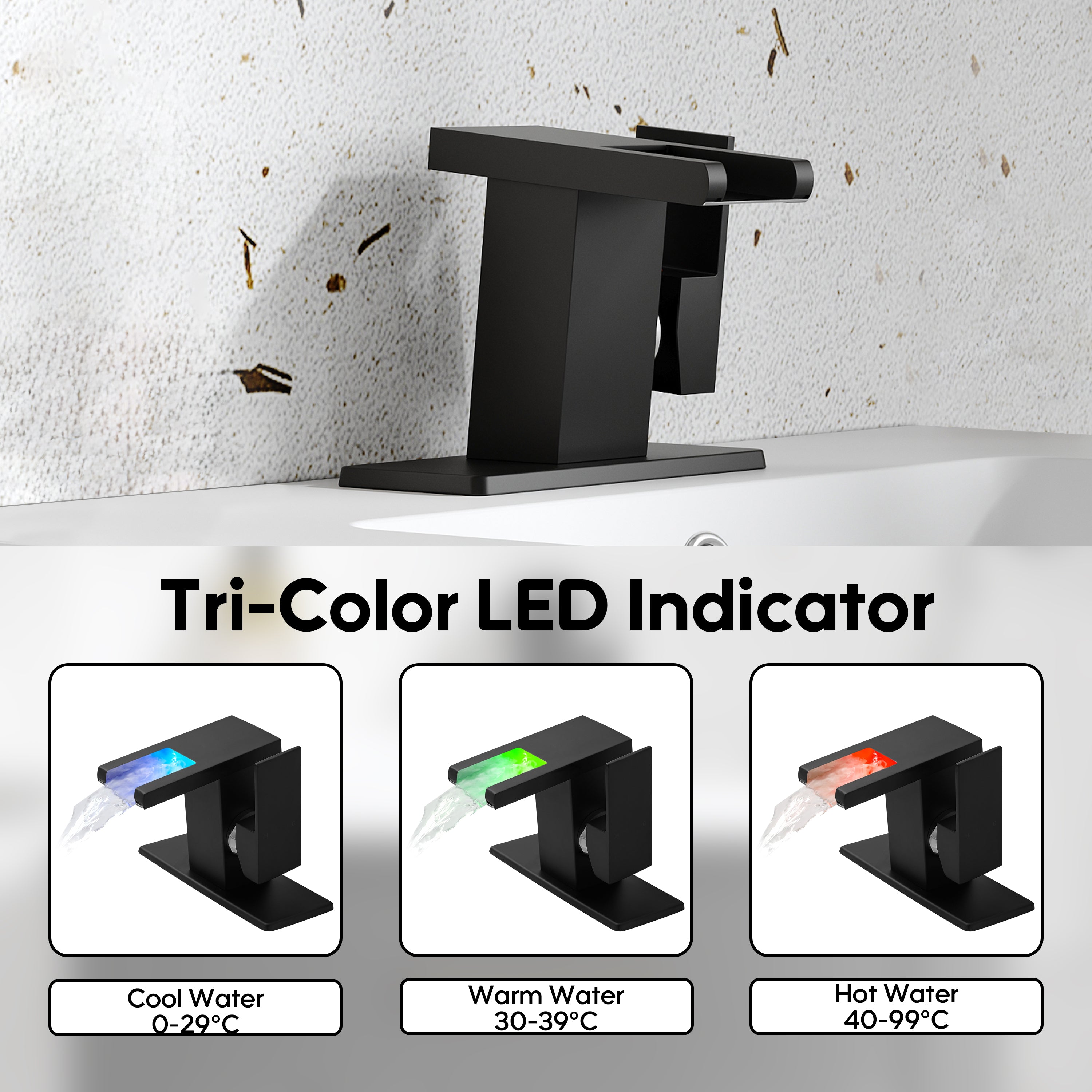 Single Handle LED Waterfall Bathroom Sink Faucet with Deck Plate, Temperature-Sensitive 3-Color Light