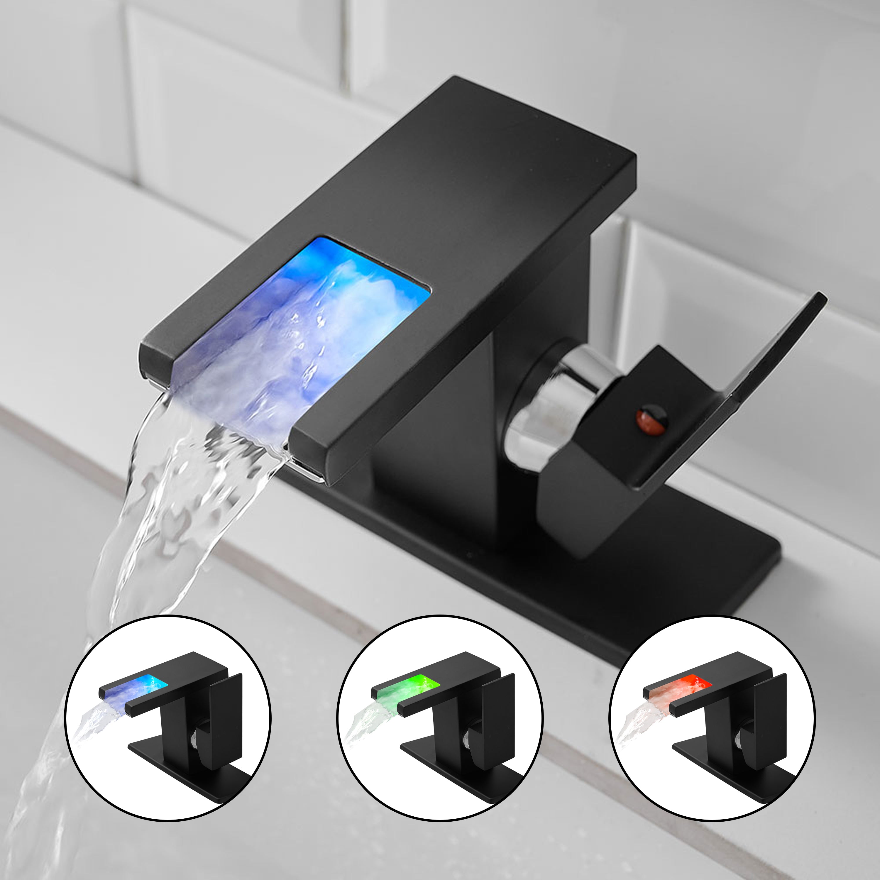 Single Handle LED Waterfall Bathroom Sink Faucet with Deck Plate, Temperature-Sensitive 3-Color Light