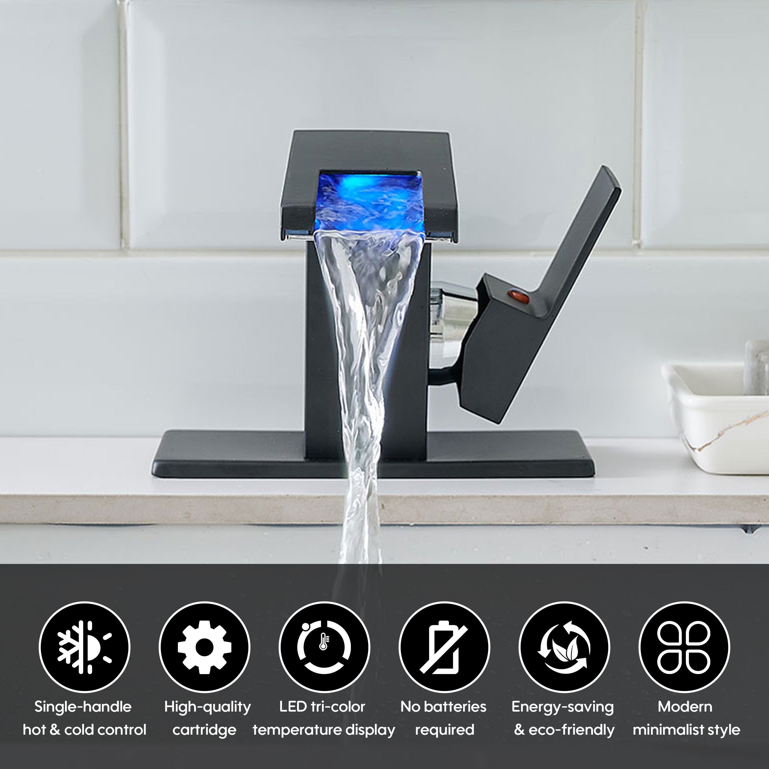 Single Handle LED Waterfall Bathroom Sink Faucet with Deck Plate, Temperature-Sensitive 3-Color Light