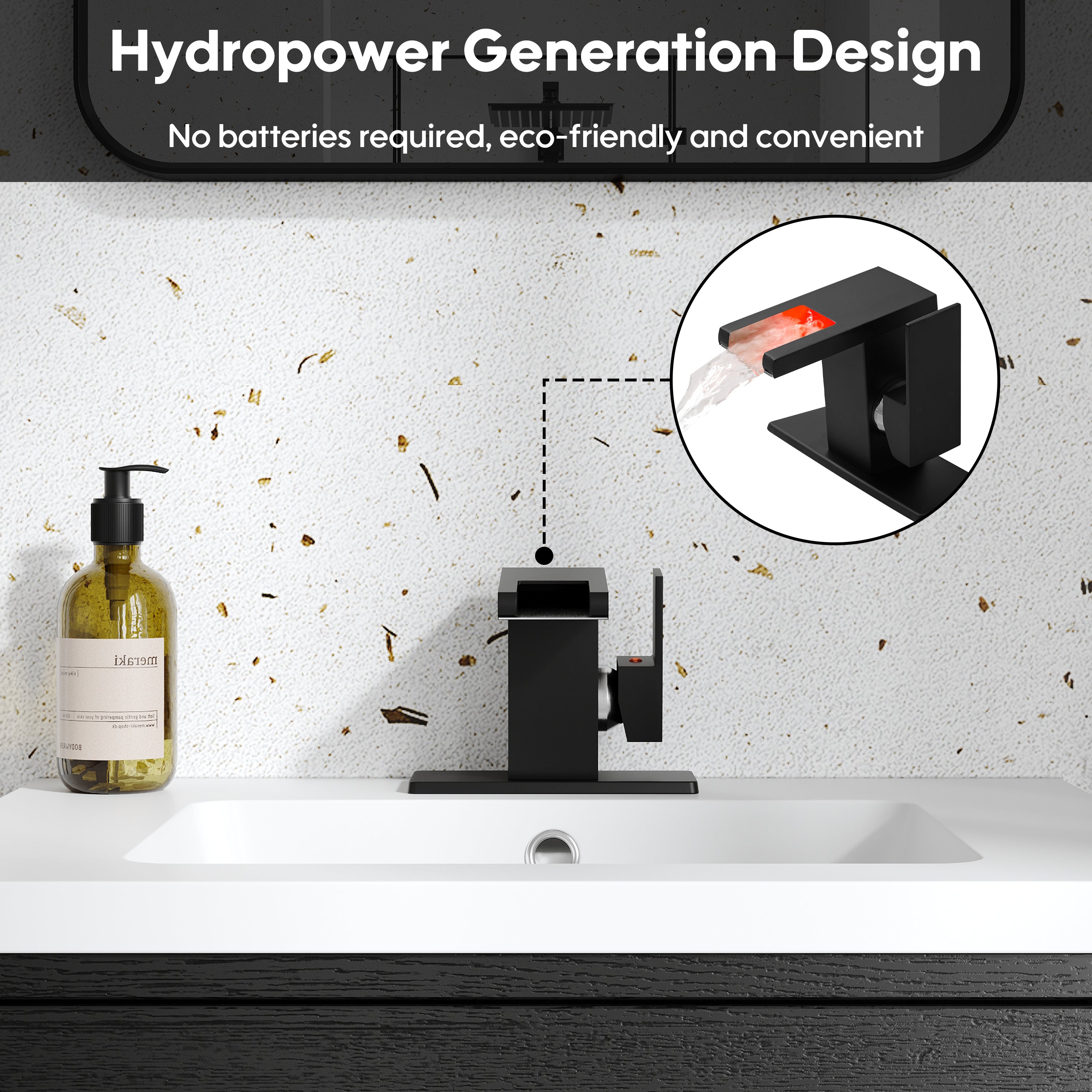 Single Handle LED Waterfall Bathroom Sink Faucet with Deck Plate, Temperature-Sensitive 3-Color Light