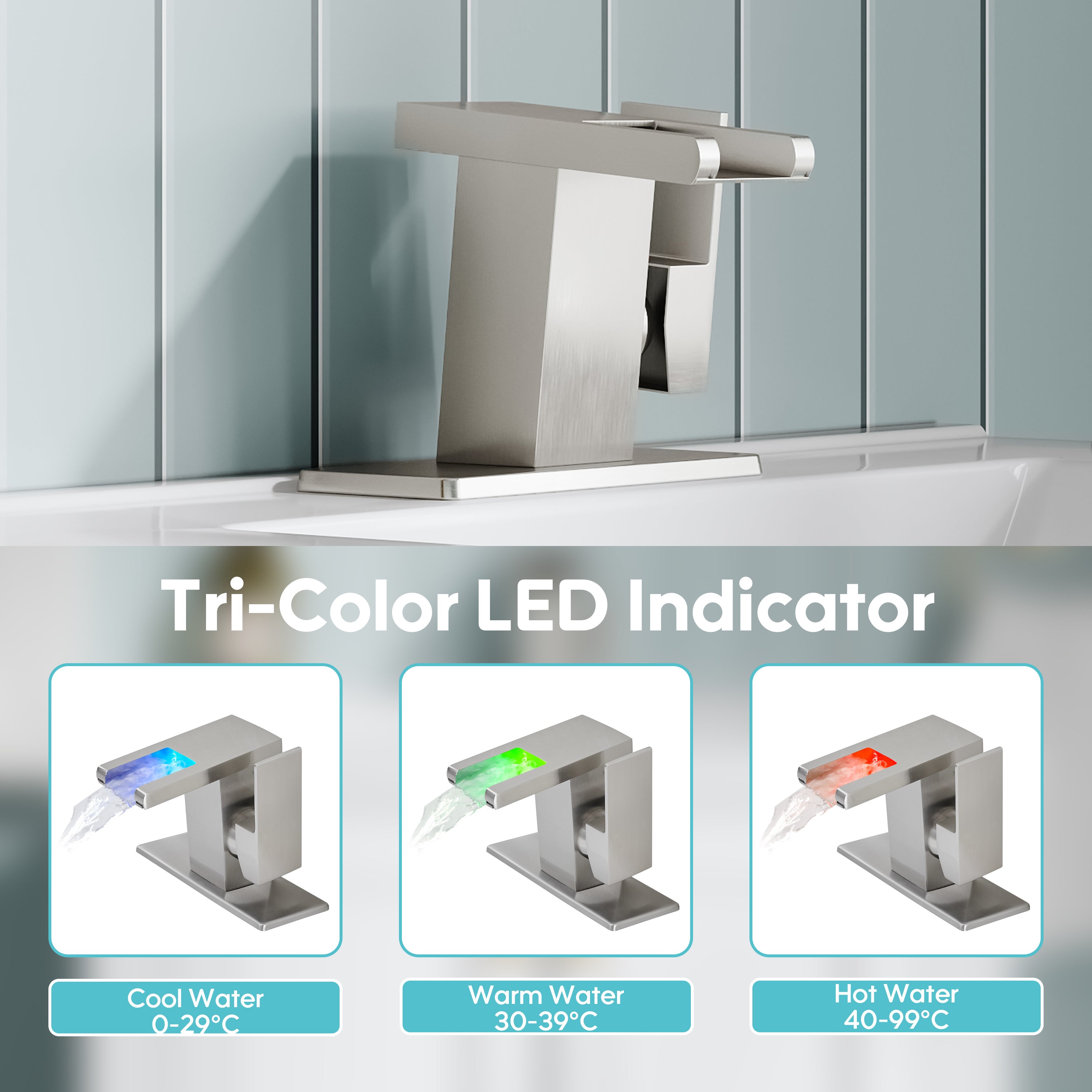 Single Handle LED Waterfall Bathroom Sink Faucet with Deck Plate, Temperature-Sensitive 3-Color Light