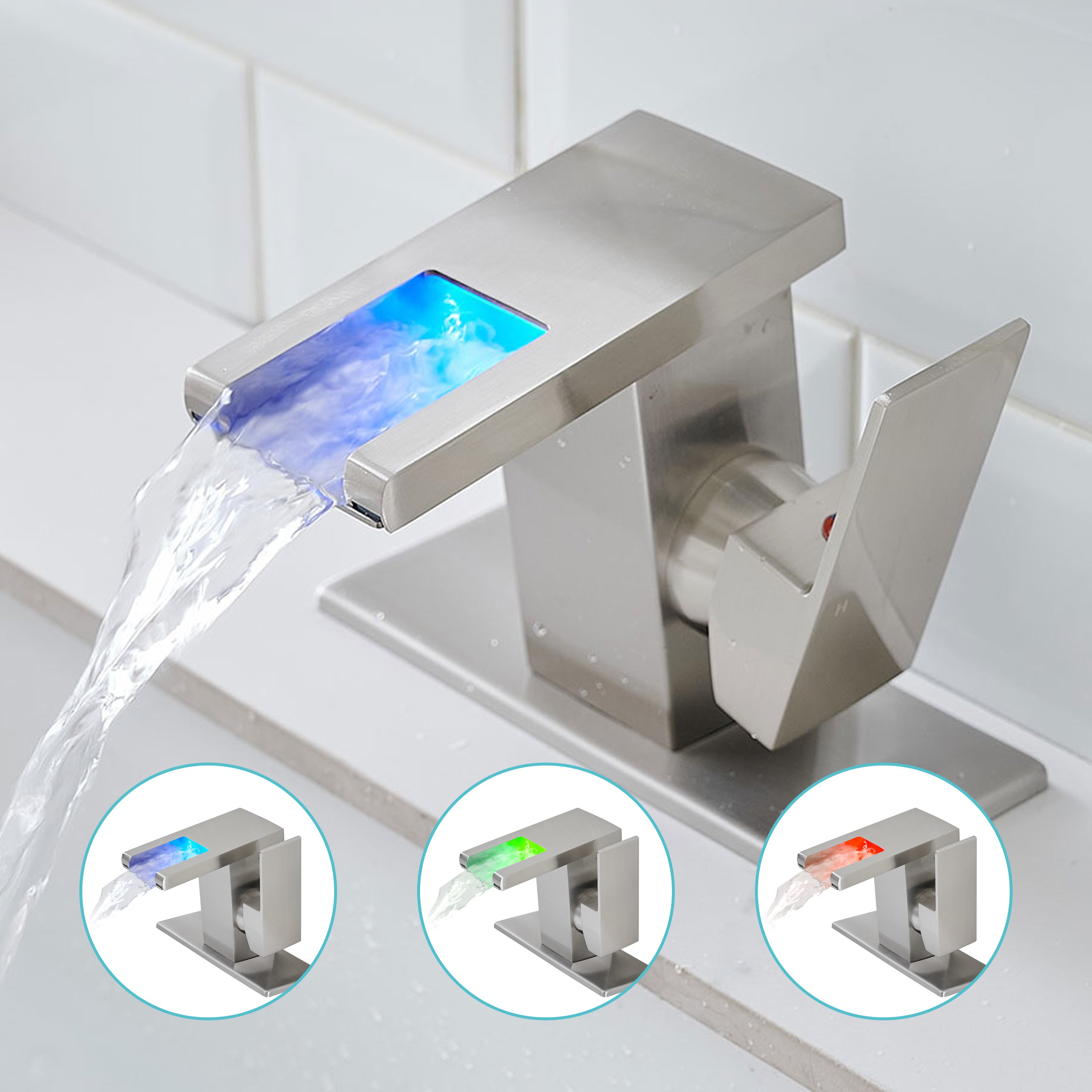 Single Handle LED Waterfall Bathroom Sink Faucet with Deck Plate, Temperature-Sensitive 3-Color Light