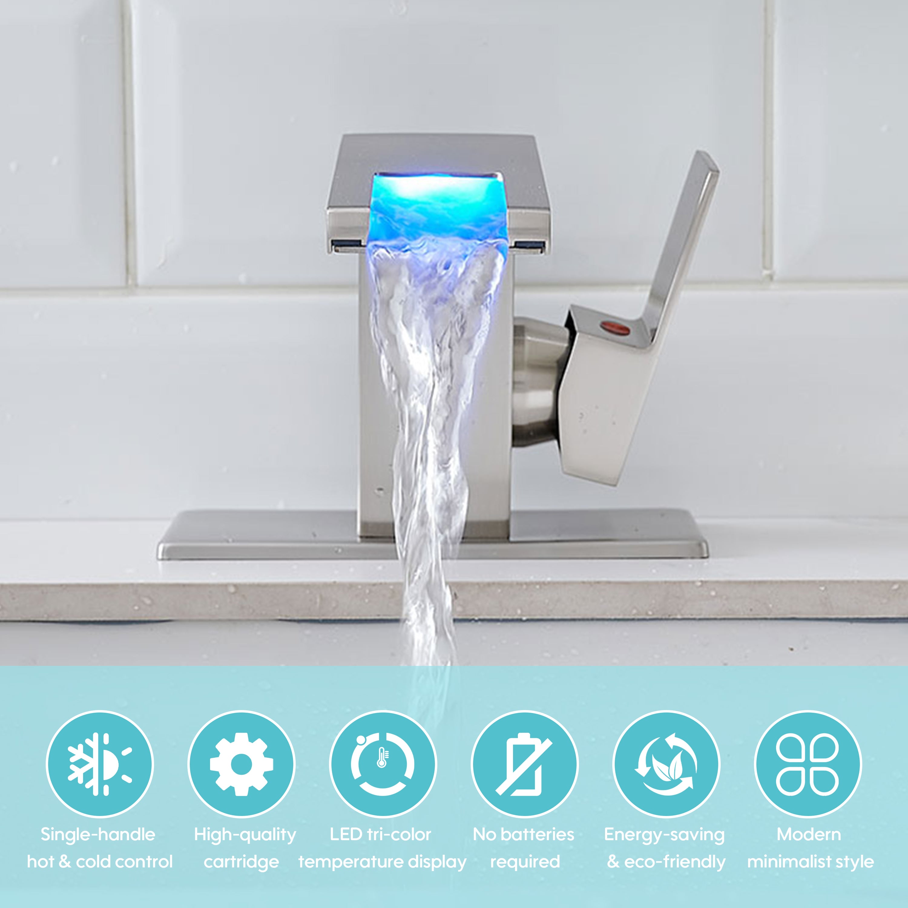 Single Handle LED Waterfall Bathroom Sink Faucet with Deck Plate, Temperature-Sensitive 3-Color Light