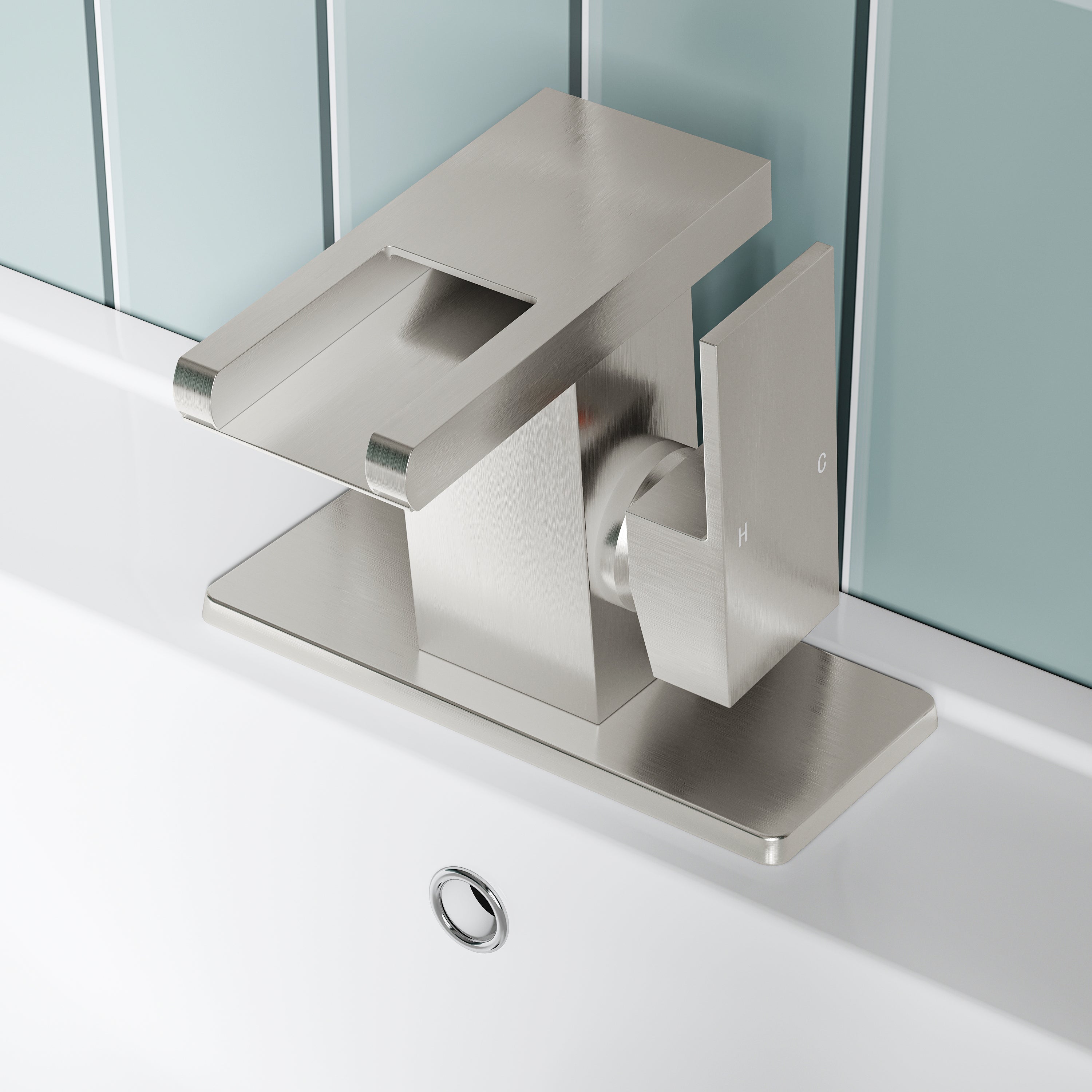 Single Handle LED Waterfall Bathroom Sink Faucet with Deck Plate, Temperature-Sensitive 3-Color Light