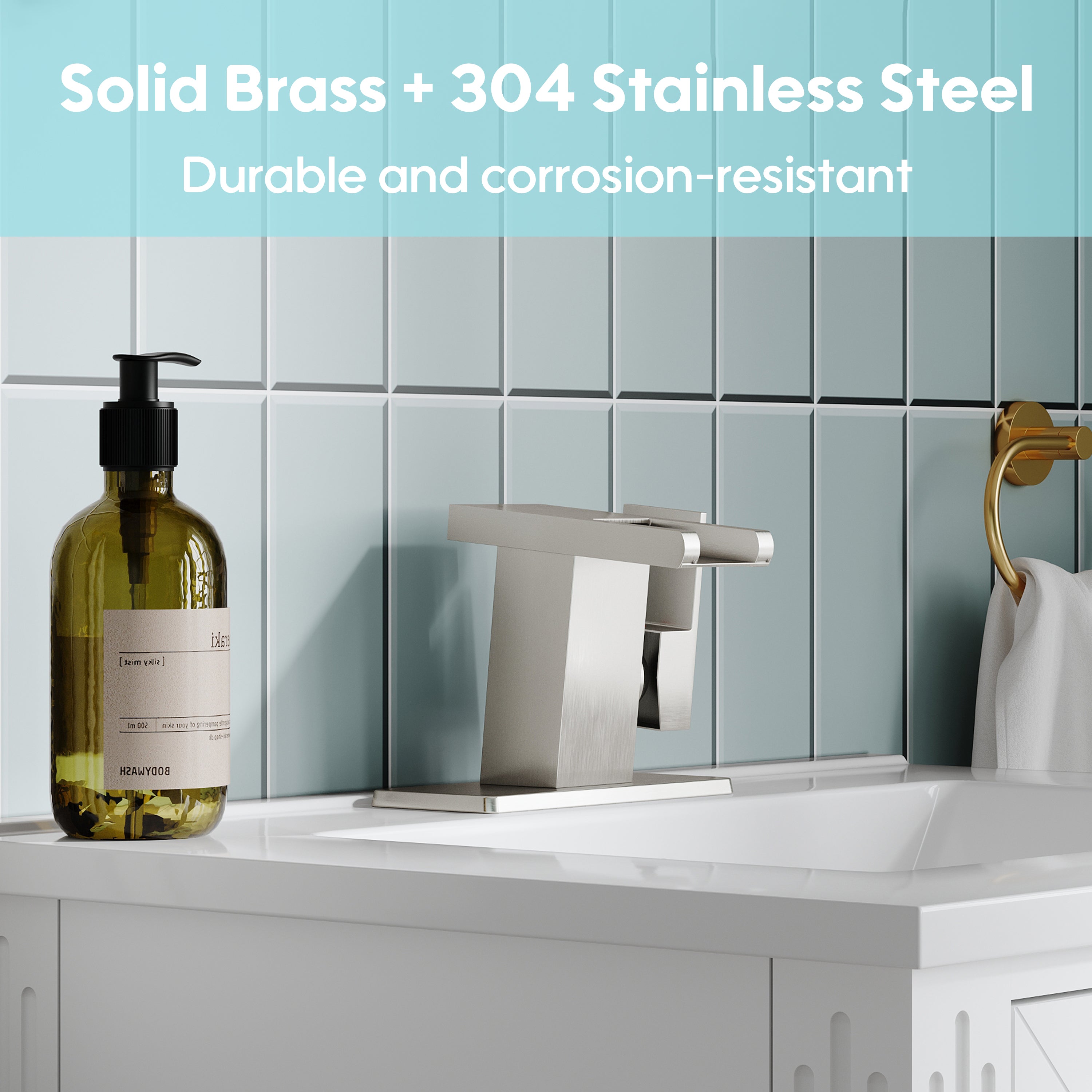 Single Handle LED Waterfall Bathroom Sink Faucet with Deck Plate, Temperature-Sensitive 3-Color Light