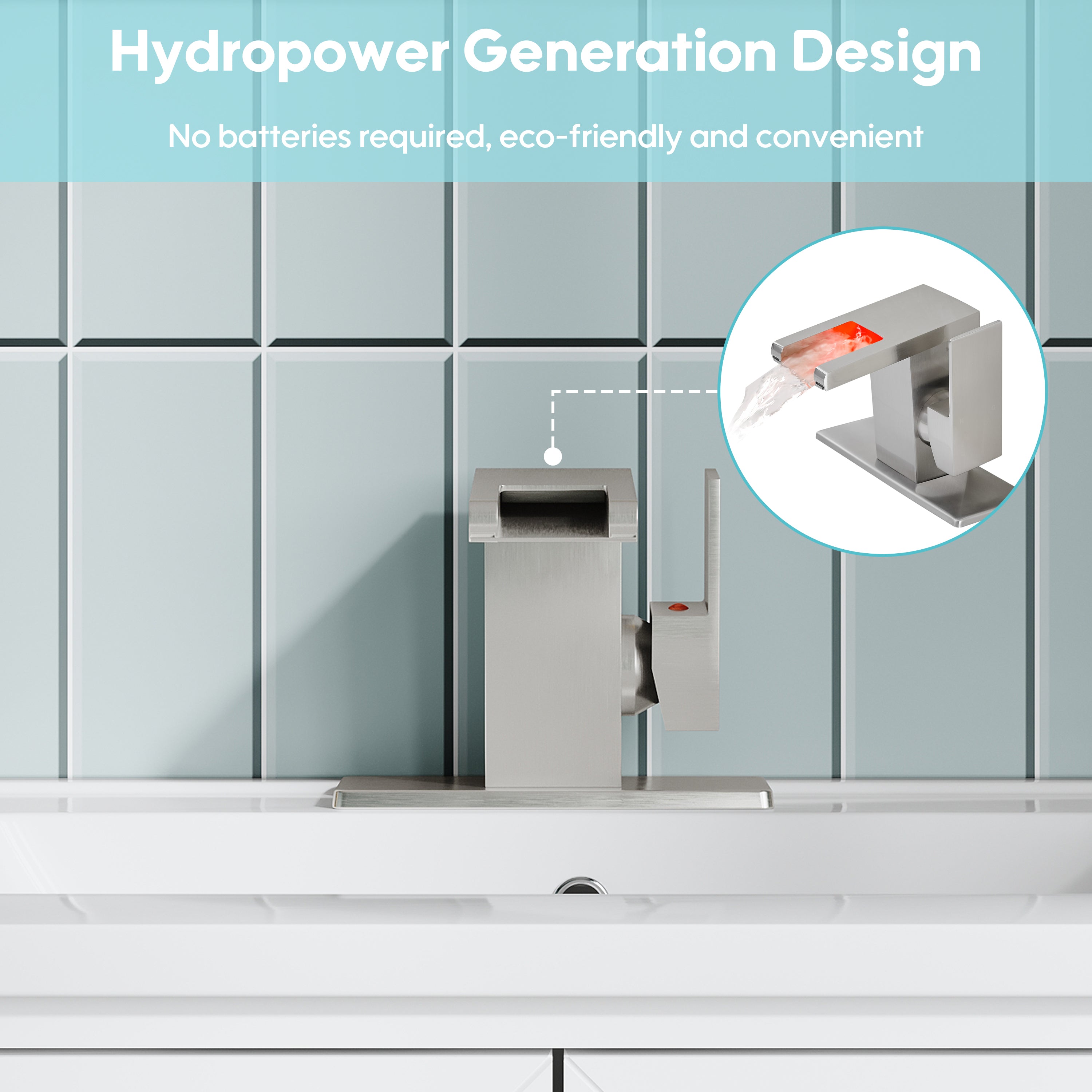 Single Handle LED Waterfall Bathroom Sink Faucet with Deck Plate, Temperature-Sensitive 3-Color Light