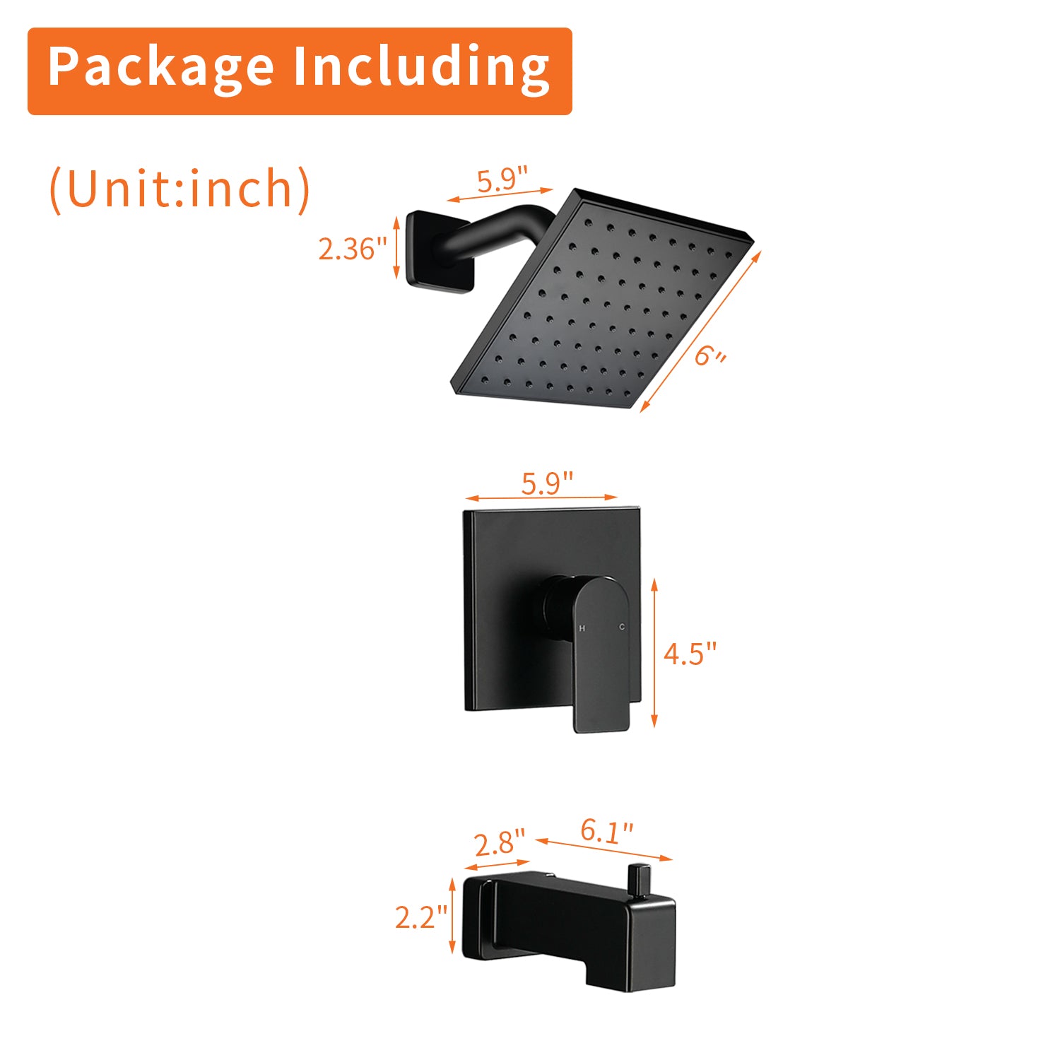 6-in Square ABS Square Top Spray Shower with Bathtub Faucet
