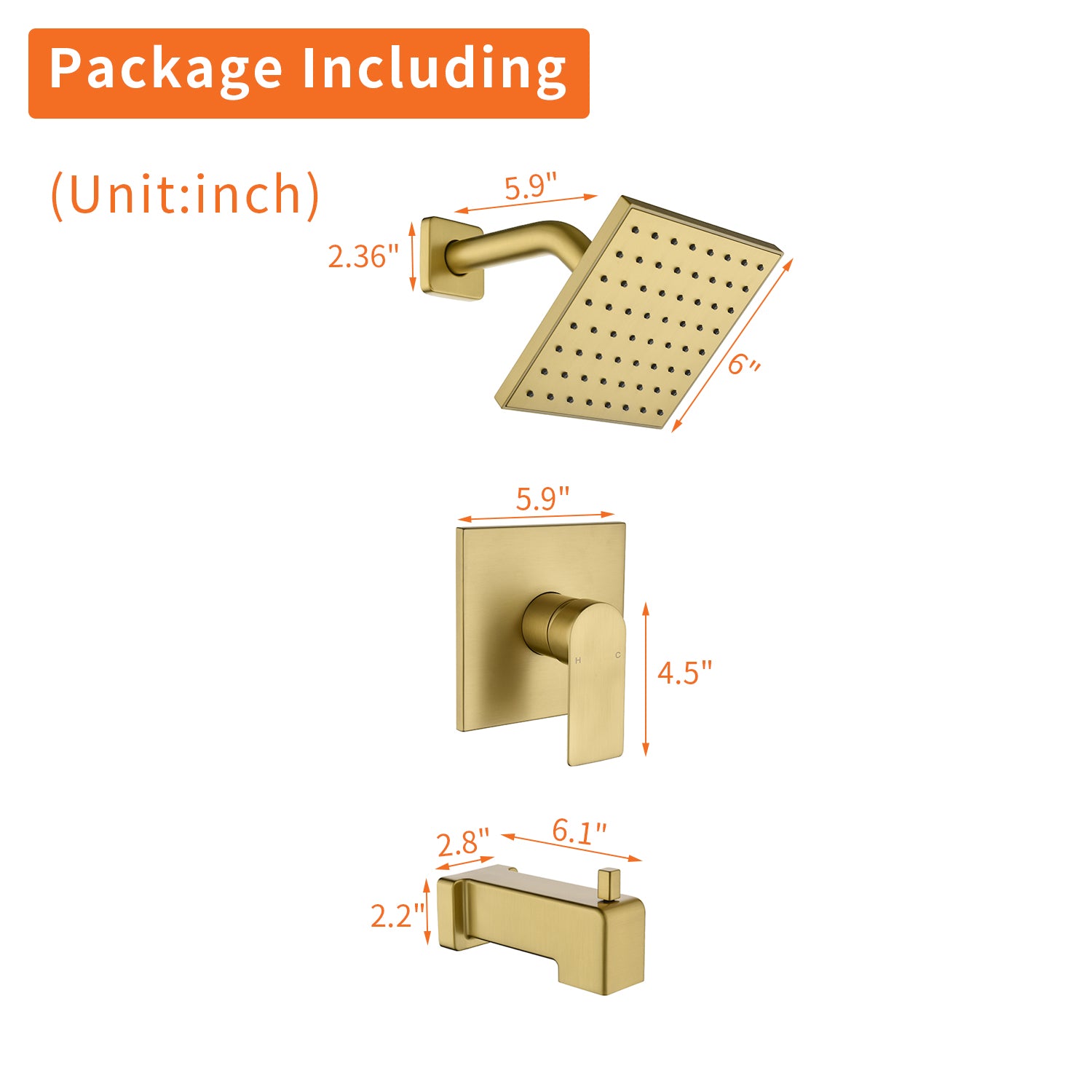 6-in Square ABS Square Top Spray Shower with Bathtub Faucet