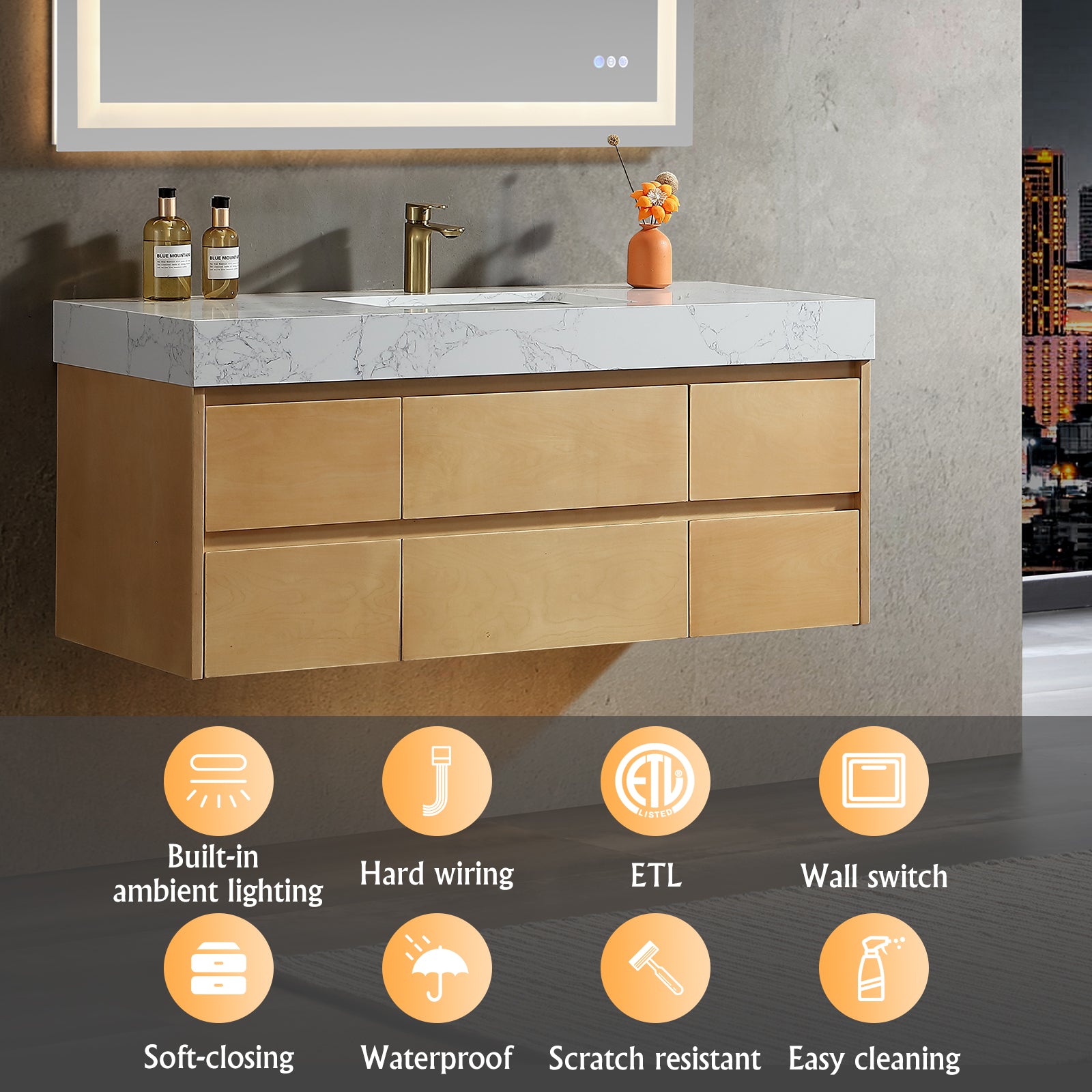 48" Modern Floating Maple Wood Bathroom Vanity Cabinet with LED Light and Stone Slab Countertop
