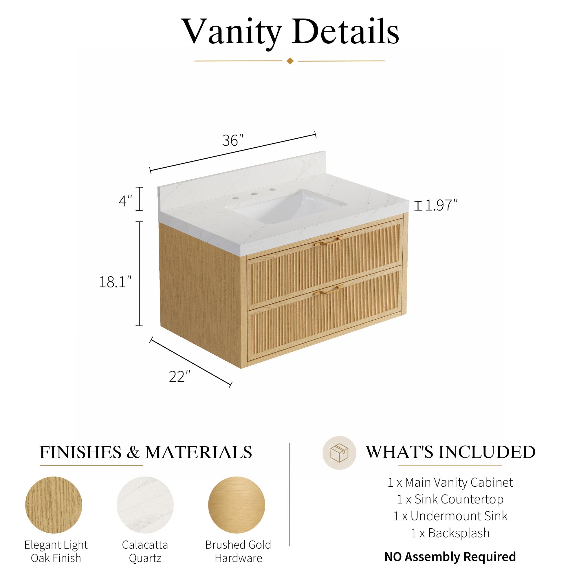 36-Inch Solid Oak Floating Bathroom Vanity with Calacatta Quartz Countertop, 2 Soft-Close Fluted Drawers
