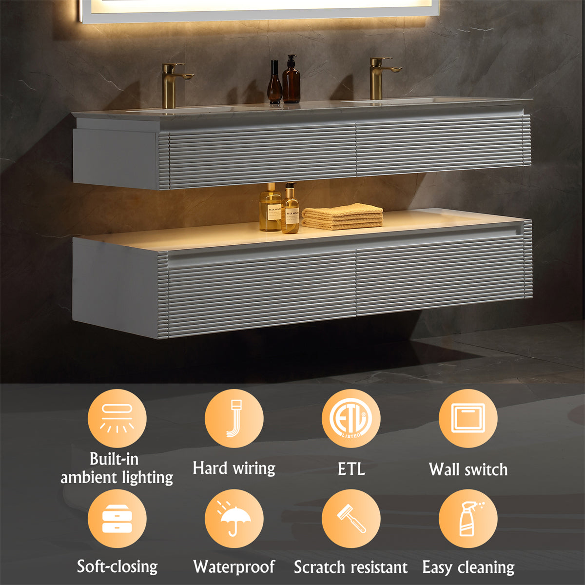 48" Floating Bathroom Vanity Set in White with Lights and White Marble Countertop with Double Basin