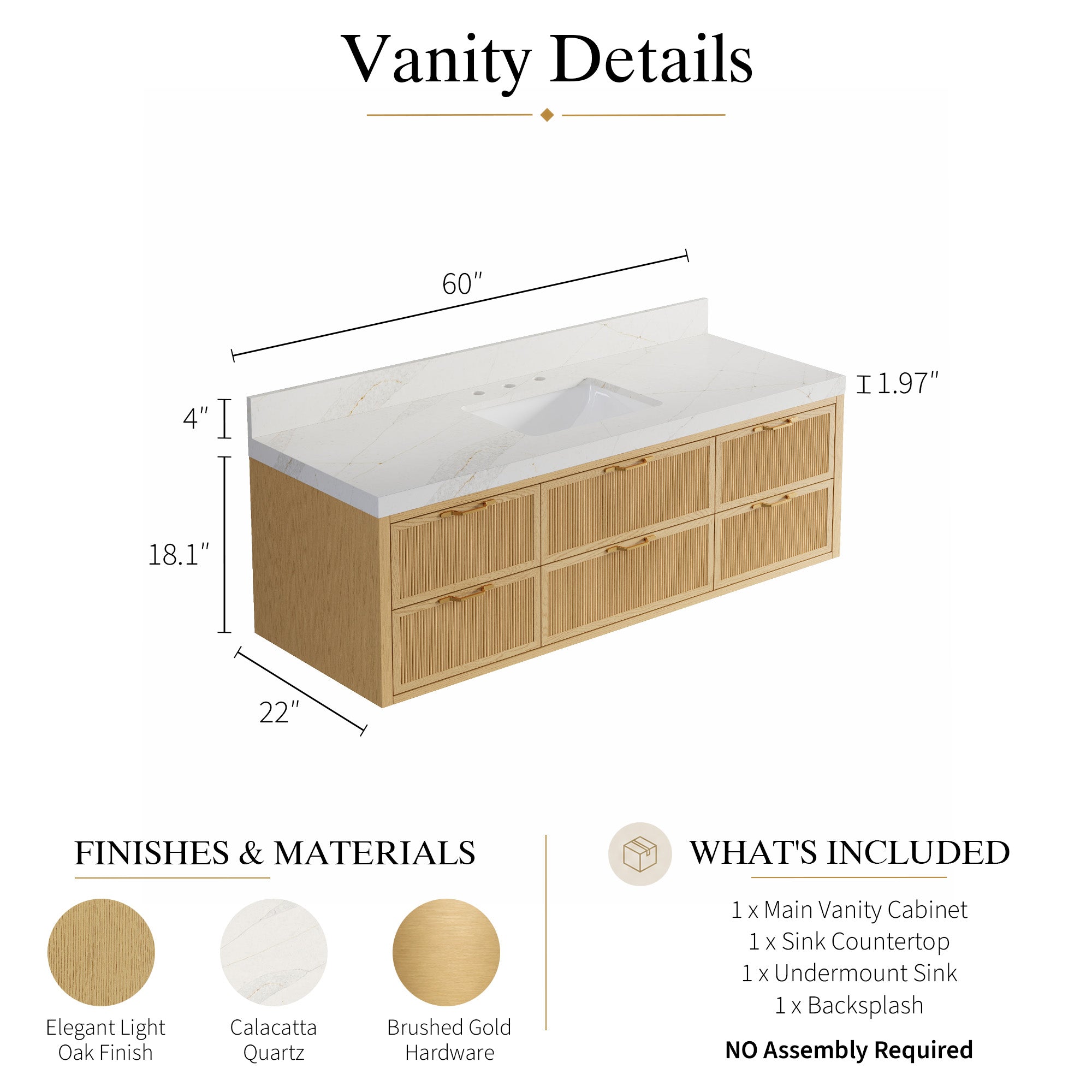 60-Inch Solid Oak Floating Bathroom Vanity with Calacatta Quartz Countertop, 6 Soft-Close Fluted Drawers